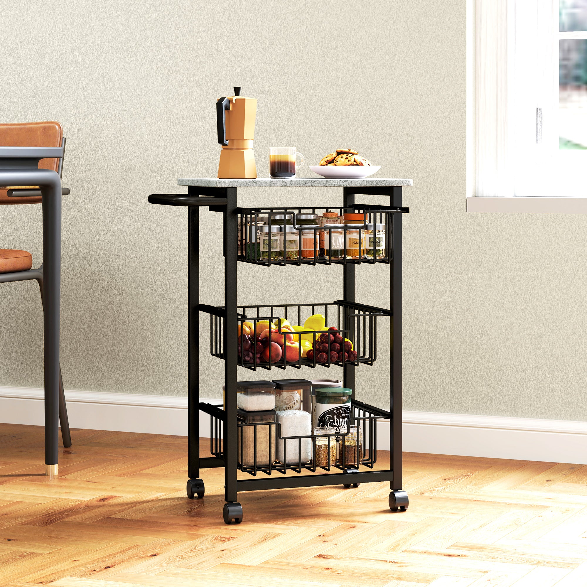 HOMCOM Three Basket Mobile Kitchen Island, with Brakes - Grey/Black - North Peak Garden Furniture