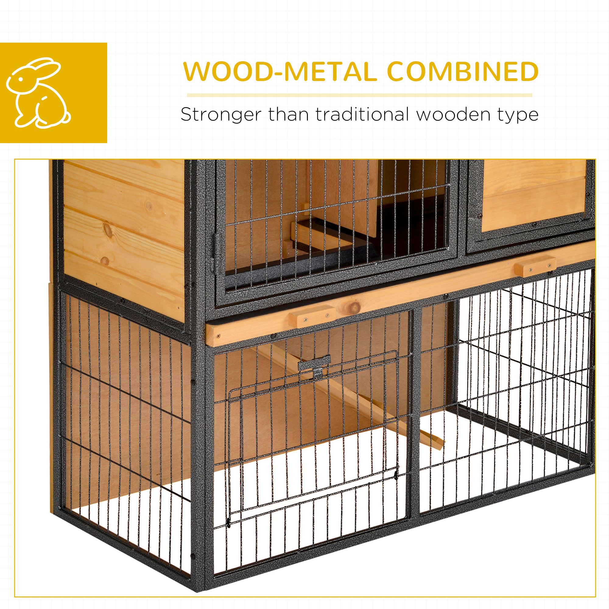 PawHut Wood-metal Rabbit Hutch Elevated Pet House Bunny Cage with Slide-Out Tray Asphalt Openable Roof Lockable Door Outdoor | Aosom UK