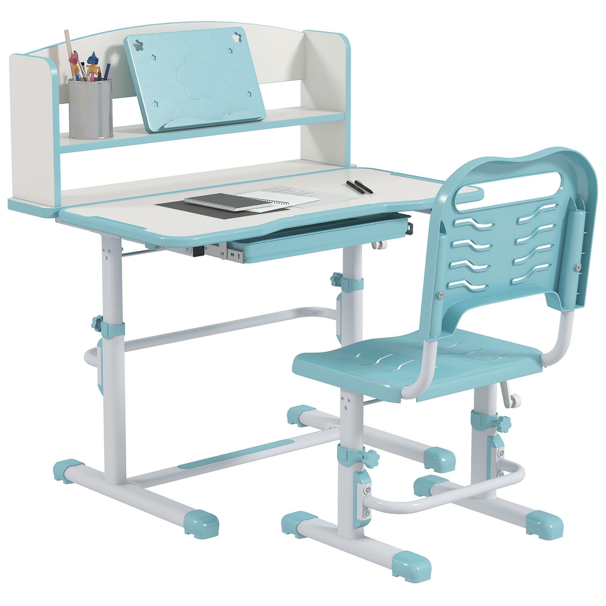 ZONEKIZ Height Adjustable Kids Study Table and Chair Set, with Drawer, Storage Shelf, 80 x 54.5 x 104 cm, Blue - North Peak Garden Furniture