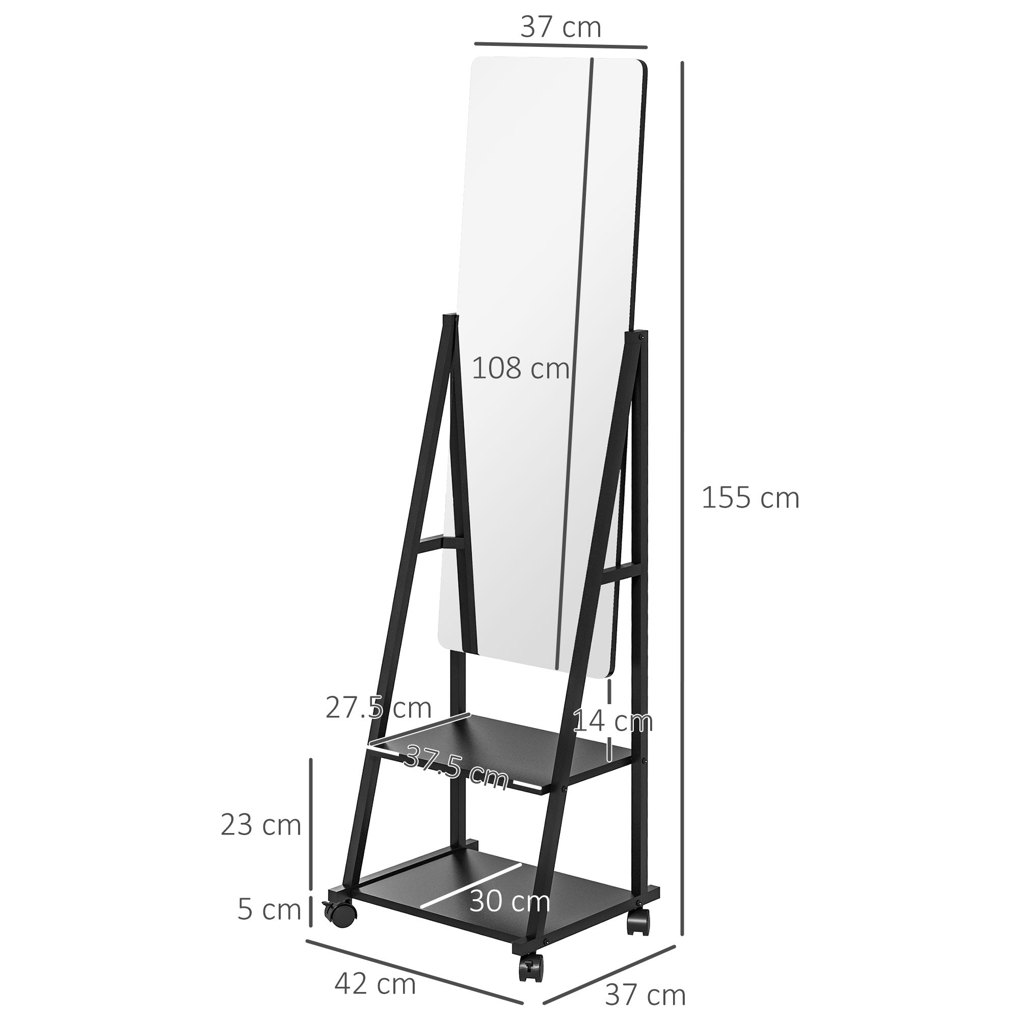 HOMCOM Free Standing Dressing Mirror, Rolling Full Length Mirror on Wheels with Adjustable Angle, Storage Shelves for Bedroom - North Peak Garden Furniture
