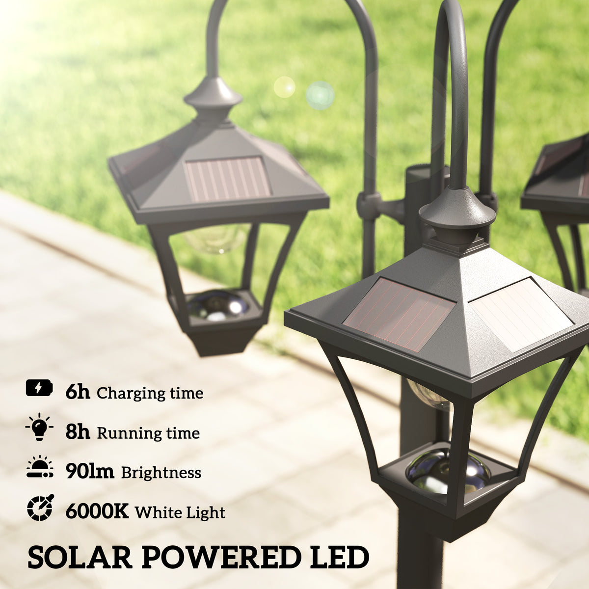 Outsunny Solar Lamp Post with Dusk-to-Dawn Sensor Street Light with 3-Head Planter 185 cm Black
