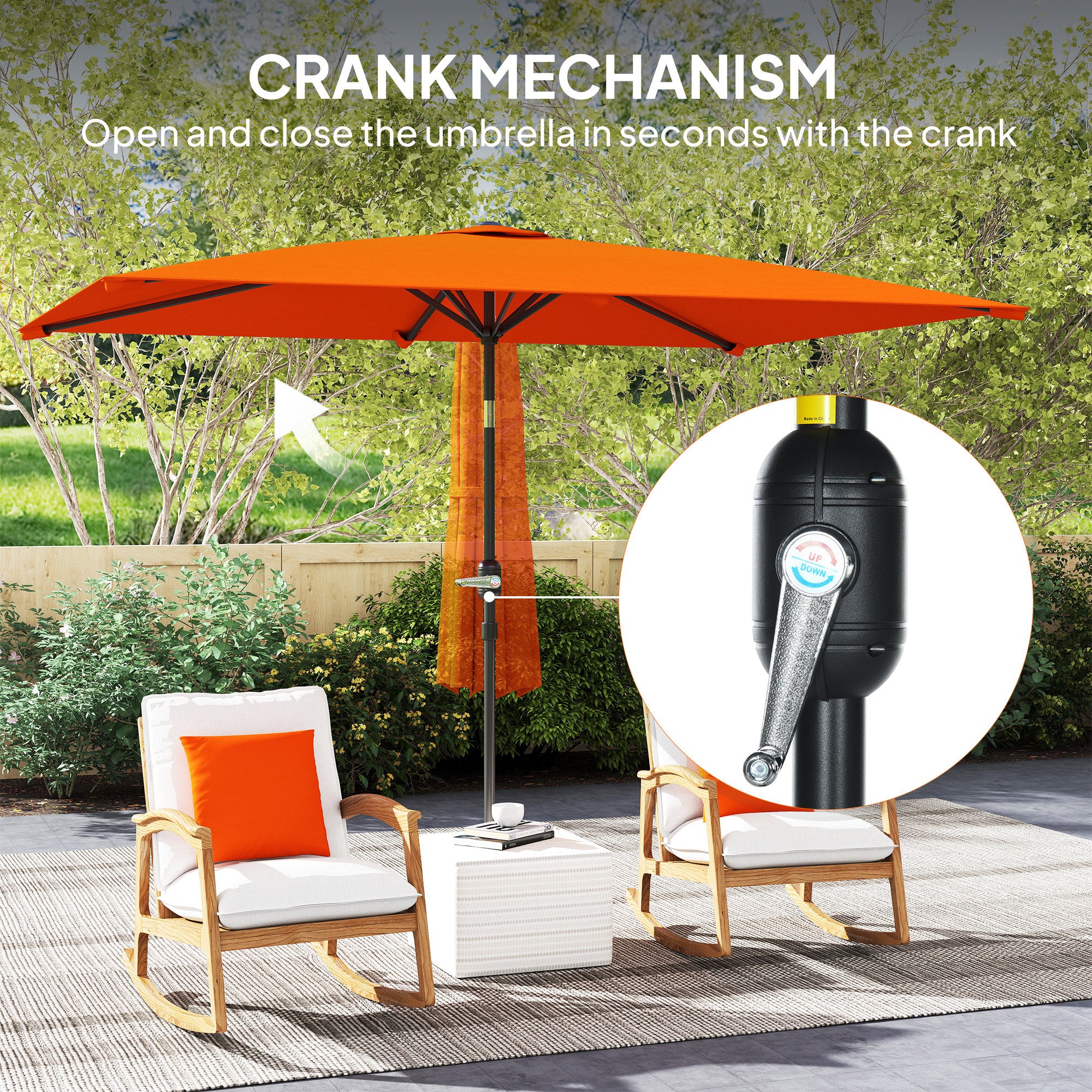 Outsunny 3x2m Patio Parasol Garden Umbrellas Canopy with Aluminium Tilt Crank Rectangular Sun Shade Steel, Orange - North Peak Garden Furniture