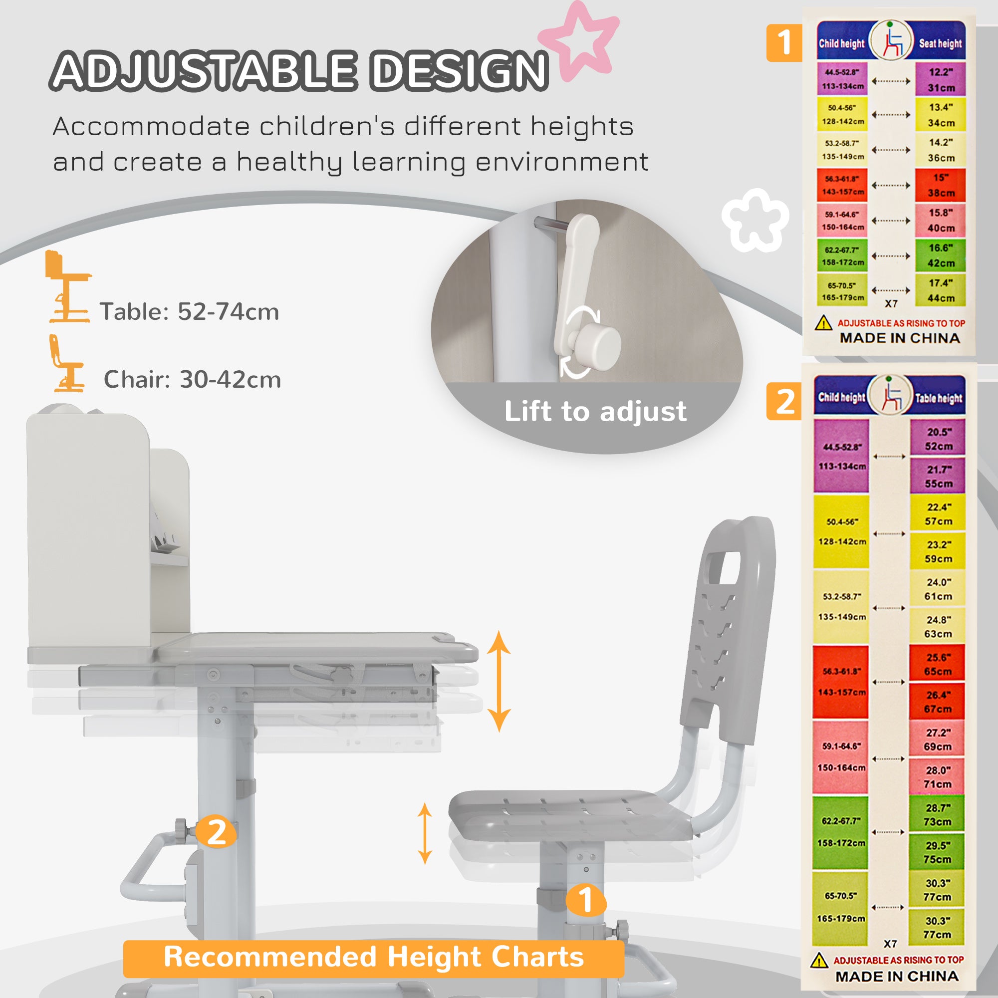 ZONEKIZ Height Adjustable Kids Study Table and Chair Set, with Drawer, Storage Shelf, 80 x 54.5 x 104 cm, Grey - North Peak Garden Furniture