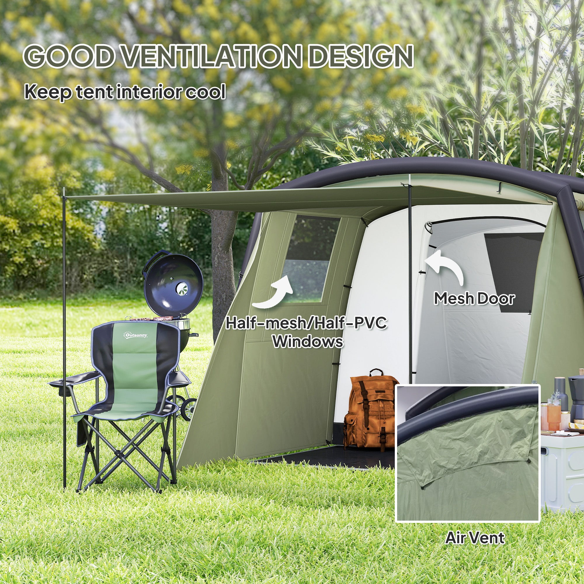 Outsunny Inflatable 3-4 Man Tunnel Tent w/ Air Pump, Living Area & Vestibule, Waterproof Family Camping Air Tent w/ Sewn In Groundsheet & Removable Footprint for Camping, Hiking, Olive Green - North Peak Garden Furniture