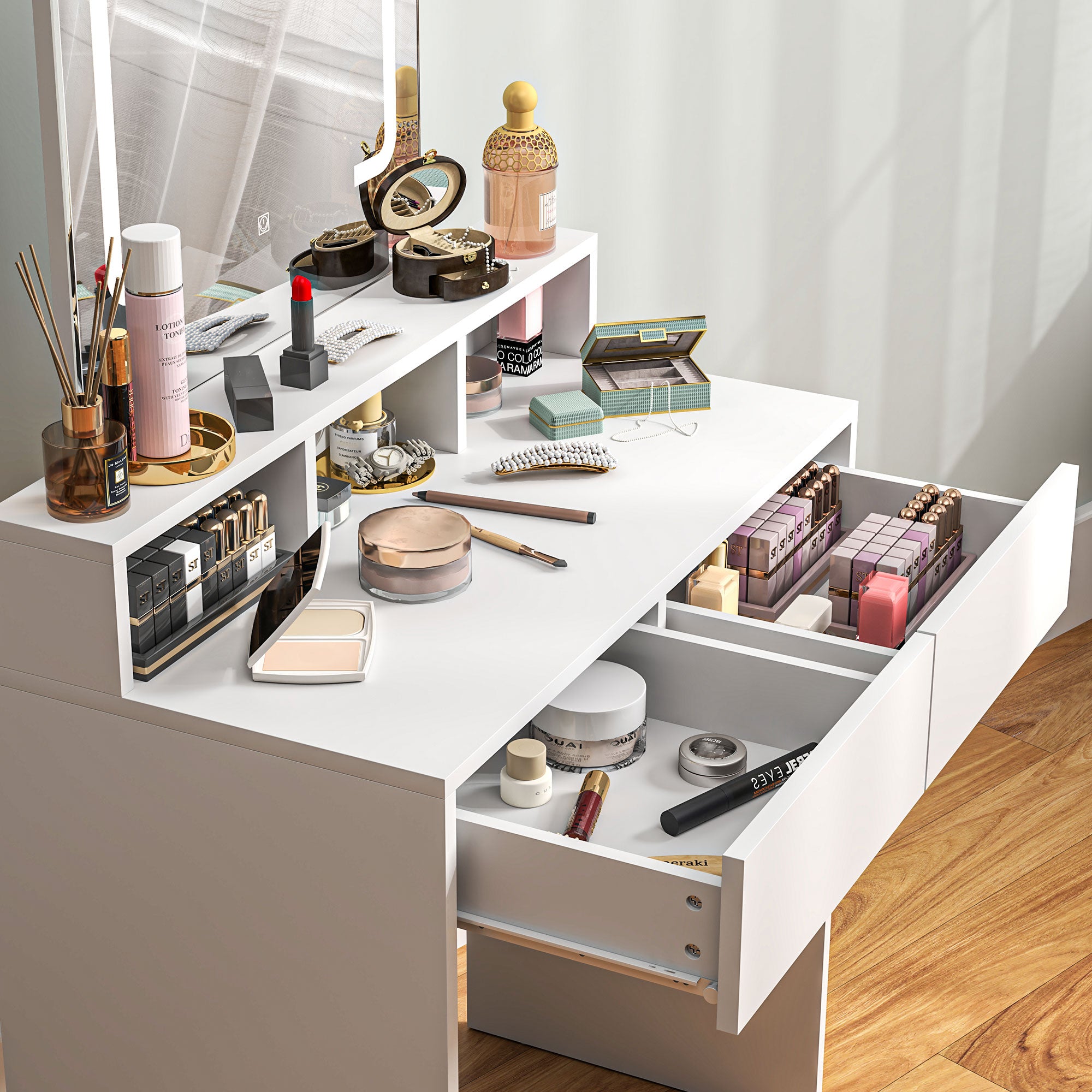 HOMCOM Dressing Table with Mirror and LED Lights, Vanity Table with 2 Drawers, 3 Compartments, 3 Colour Lighting, for Bedroom, Modern Dresser Makeup Desk for Women and Girls, White - North Peak Garden Furniture