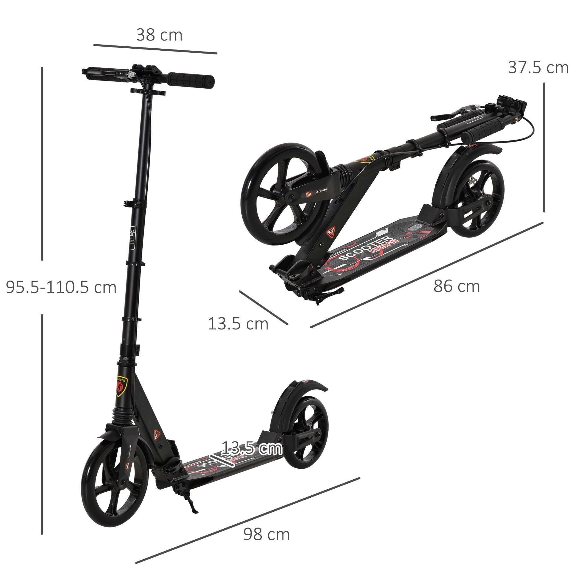 HOMCOM Kick Scooter, Folding 2 Wheel Scooter for 14+ Teens Adults, with Dual Brake System, Dual Suspension, 230mm Big Wheels, 3 Adjustable Handlebar, up to 100KG, Black - North Peak Garden Furniture