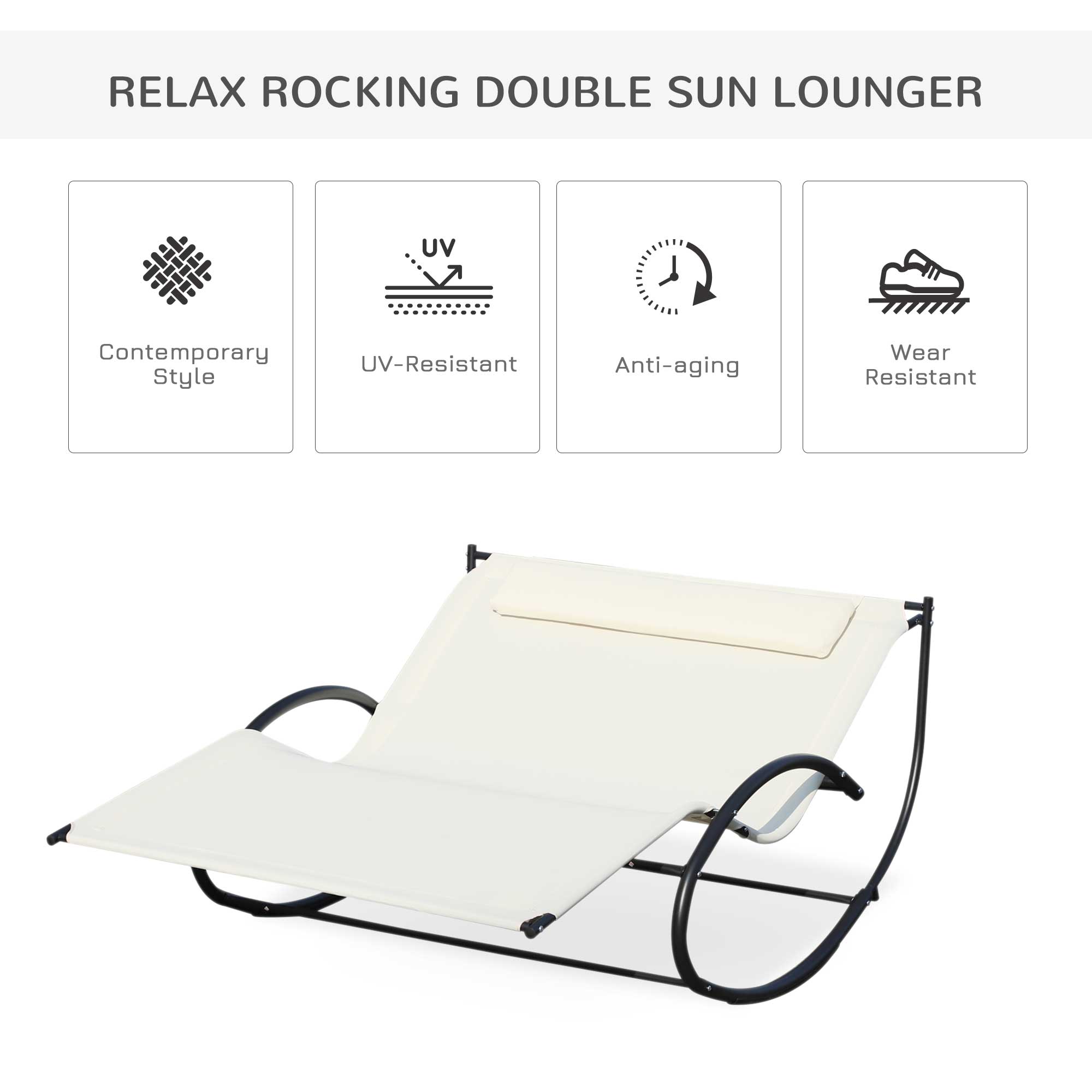 Outsunny Double Sun Lounger, Rocking Lounger Sunbed Daybed with Armrest and Headrest Pillow, for Two, For Outdoor Patio Garden, Cream White - North Peak Garden Furniture