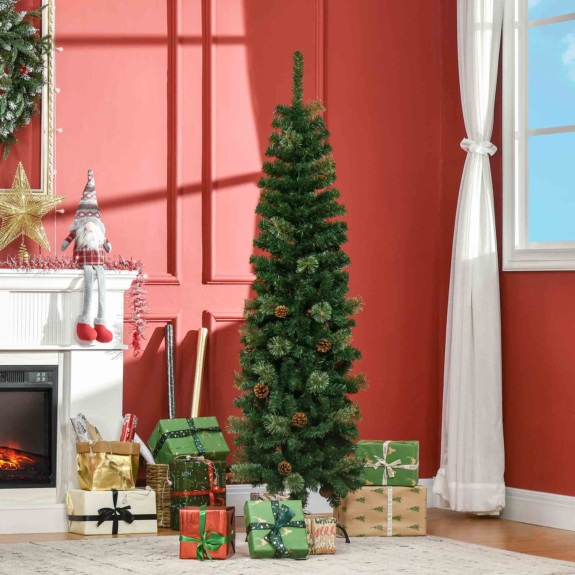 HOMCOM 5.5FT Tall Pencil Slim Artificial Christmas Tree with Realistic Branches, Tip Count and Pine Cones, Pine Needles Tree, Xmas Decoration, Green - North Peak Garden Furniture