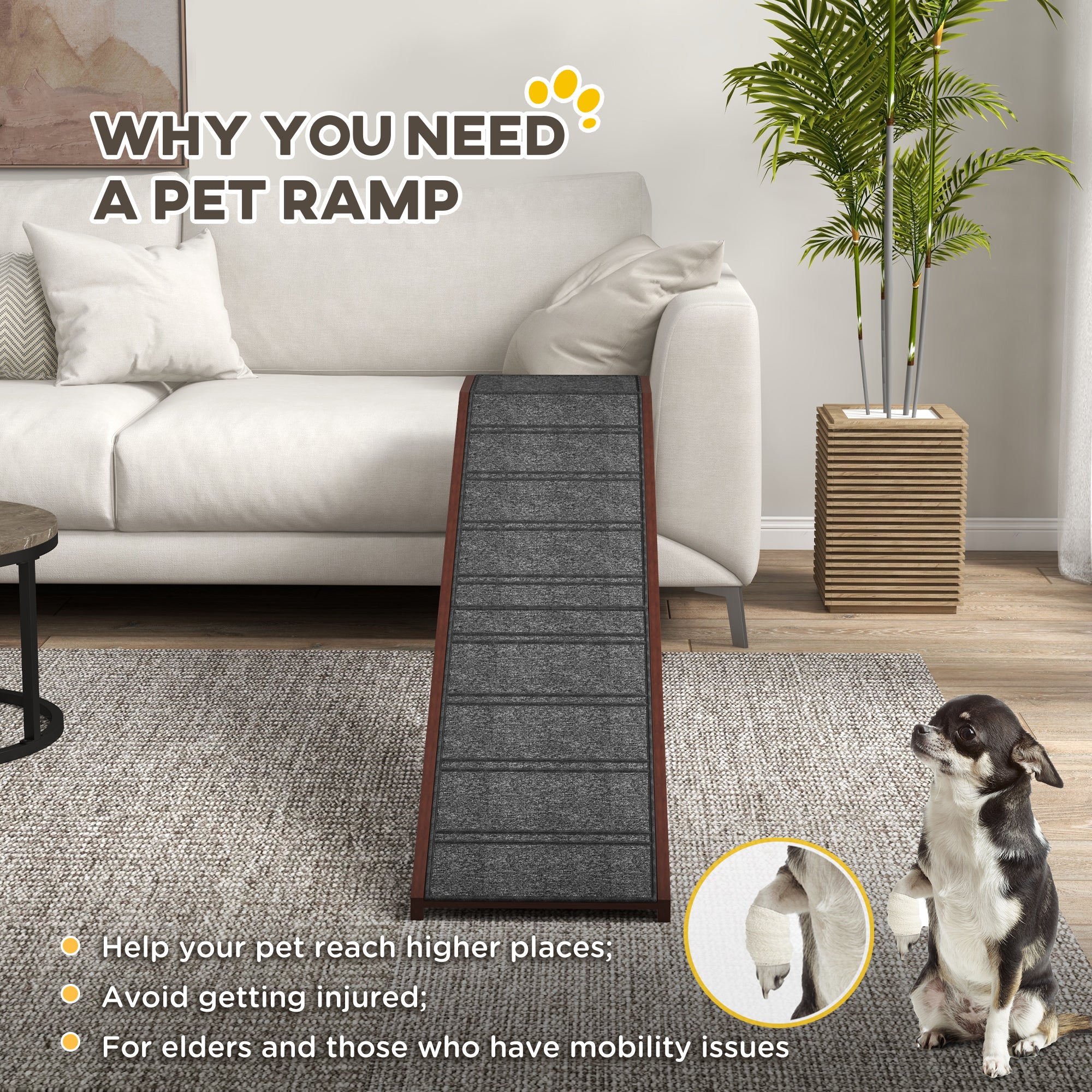 PawHut Pet Ramp for Dogs Cats Non-Slip Carpet Top Platform - Brown & Grey - North Peak Garden Furniture