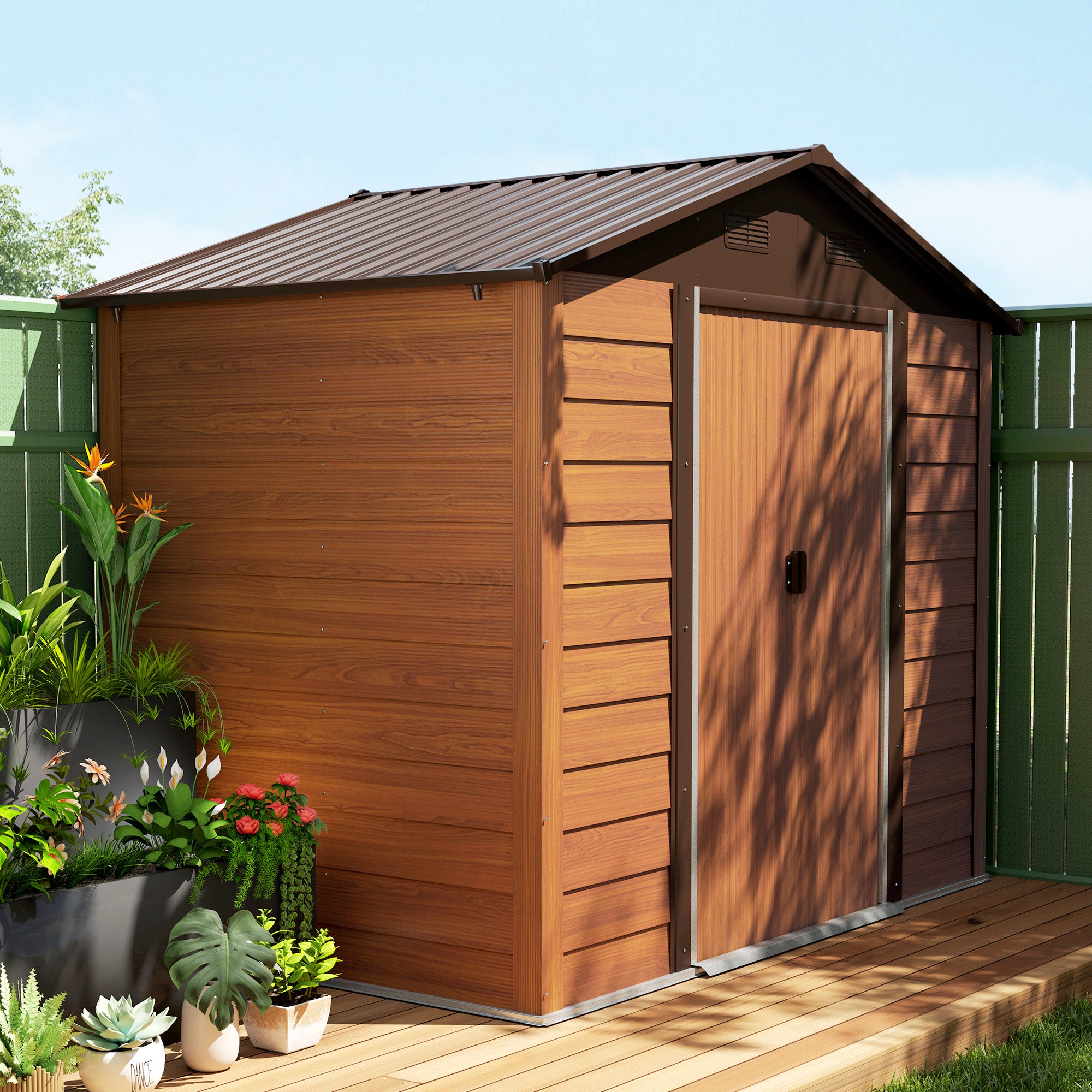 Outsunny 6 x 8ft Galvanised Steel Shed - Brown Wood-Effect - North Peak Garden Furniture