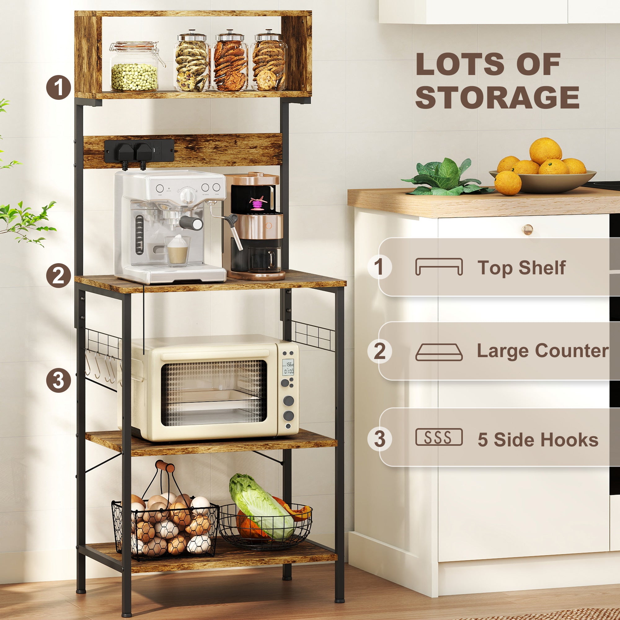 HOMCOM Bakers Rack with Power Outlet, USB Charger, Microwave Stand with Adjustable Shelves, 5 Hooks for Small Spaces, Kitchen Storage Unit for Spices, Pots and Pans, Rustic Brown