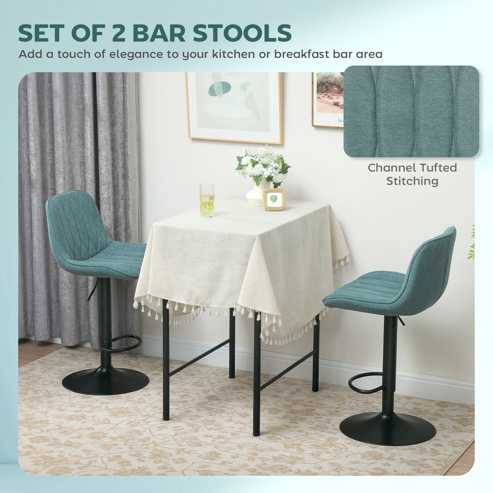 HOMCOM Bar Stools Set of 2, Height Adjustable Swivel Barstools with Backrest and Footrest, Modern Linen Upholstered Armless Bar Chairs for Kitchen, Breakfast Counter, Blue - North Peak Garden Furniture