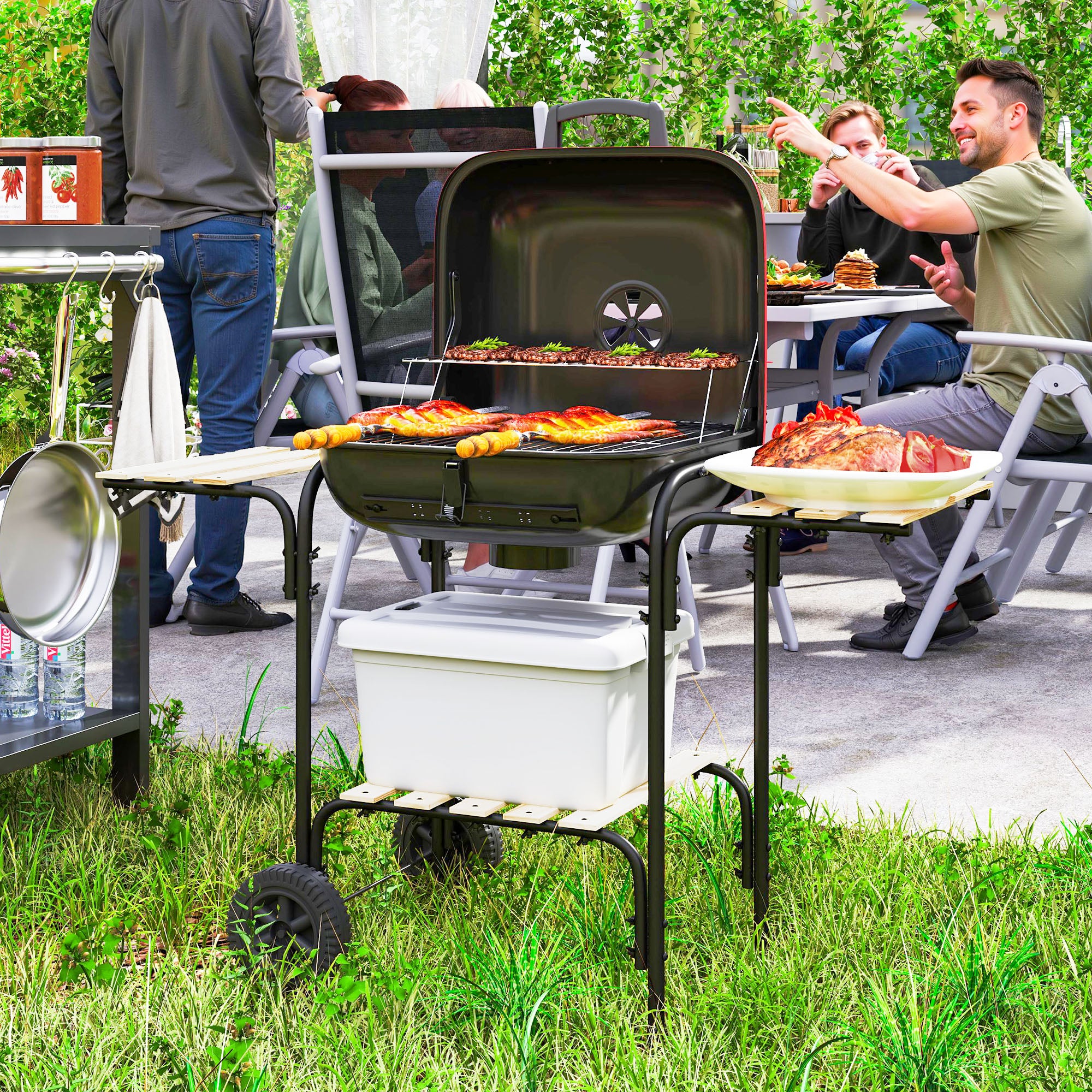 Outsunny Charcoal Barbecue Grill Portable BBQ Grill with 1840 cm² Cooking Area, 3 Shelves, Adjustable Vent, Lockable Lid, Wheels for Outdoor Cooking, Garden Party, Red - North Peak Garden Furniture
