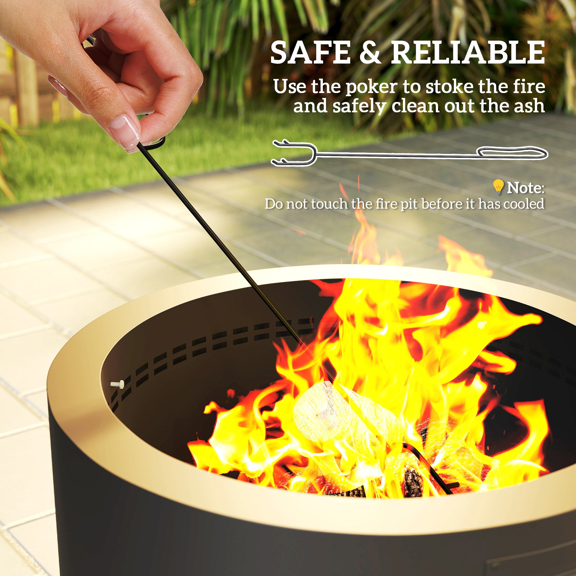 Outsunny Outdoor Round Fire Pit with Lid and Fire Poker - Black - North Peak Garden Furniture
