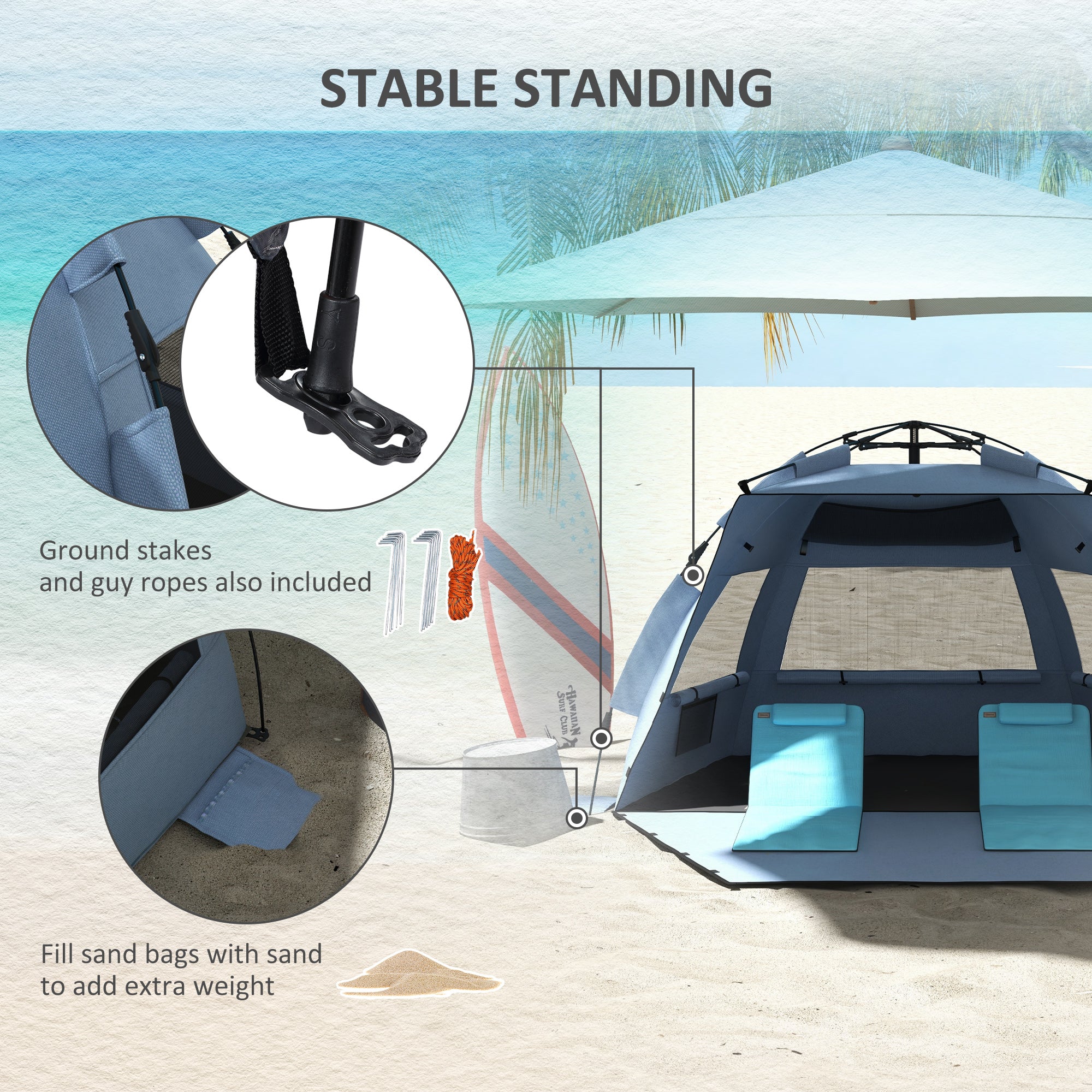Outsunny 2-3 Person Pop Up Beach Tent, UPF15+ Sun Shelter with Extended Floor, Sandbags, Mesh Windows and Carry Bag, Light Blue - North Peak Garden Furniture
