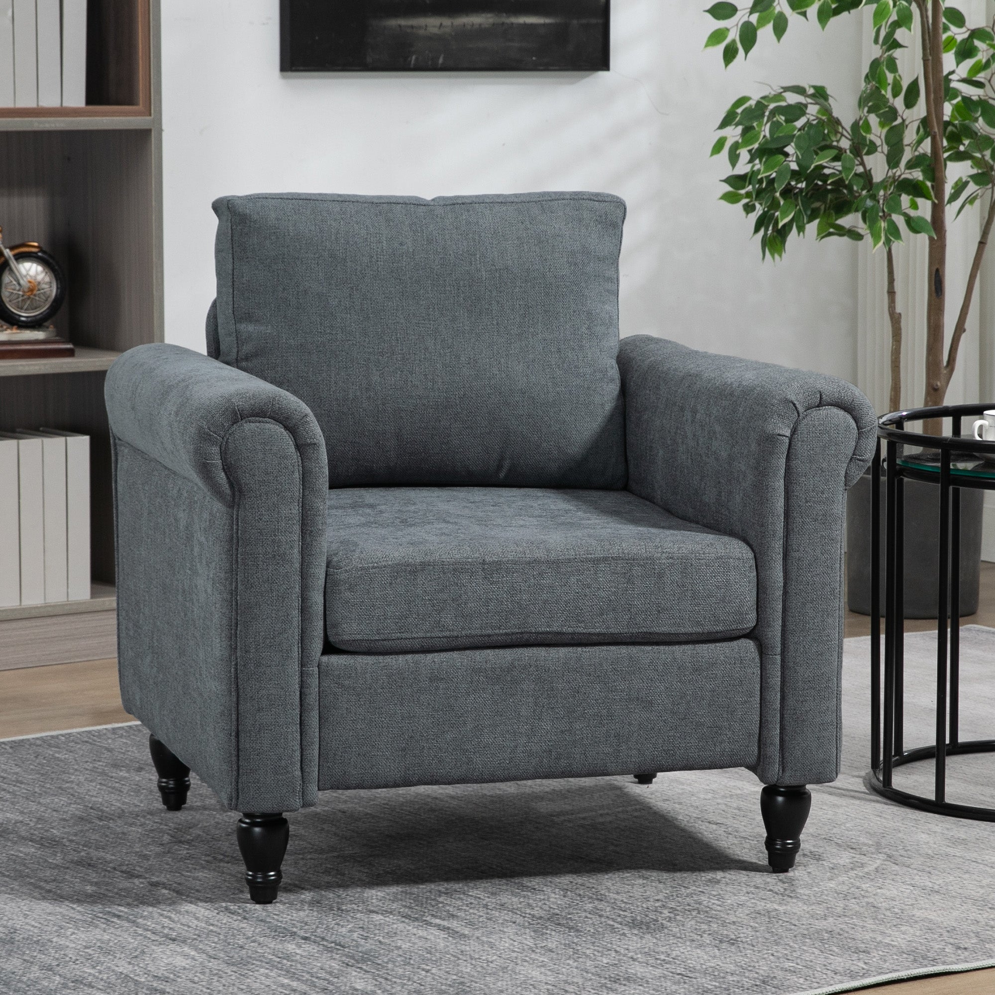 HOMCOM Vintage Accent Chair, Upholstered Occasional Chair with Back Pillow, Rolled Arms, Rubber Wood Legs, Grey - North Peak Garden Furniture