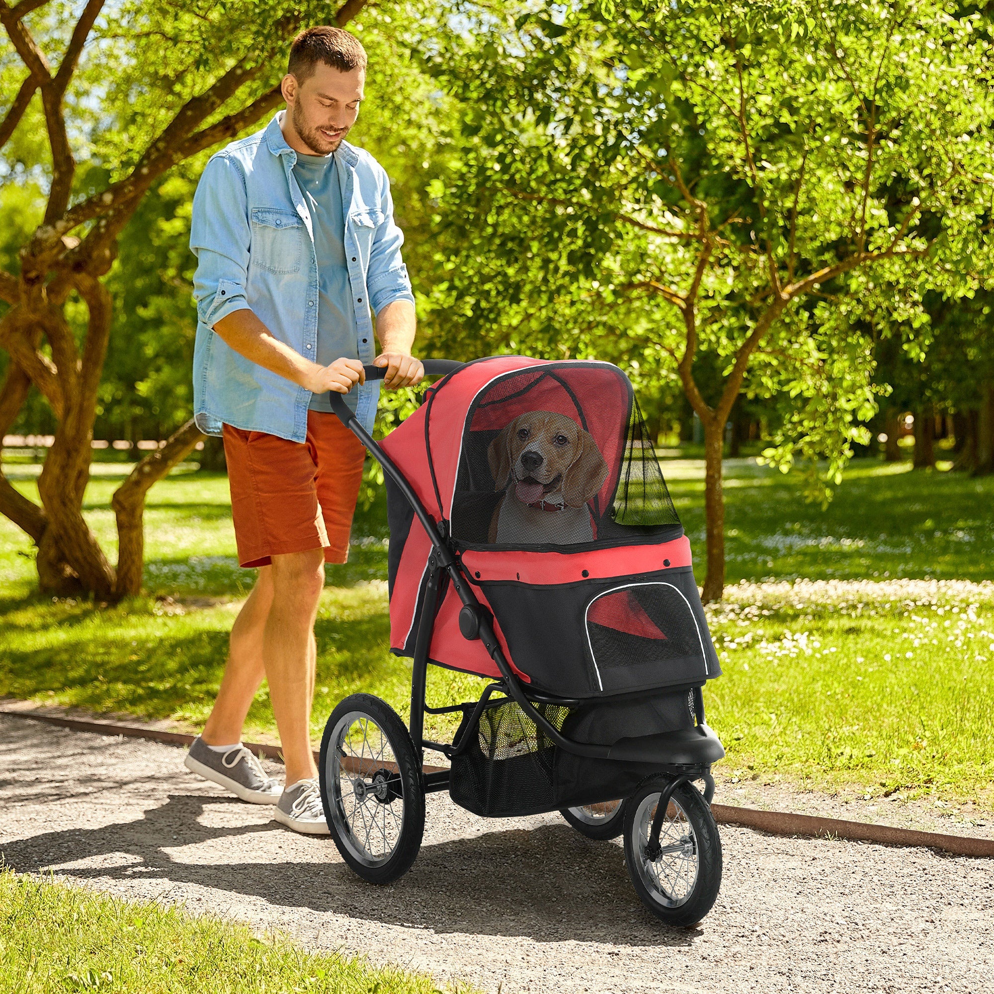 PawHut Foldable Pet Stroller with Three Wheels, for Small, Medium Dogs, Red - North Peak Garden Furniture