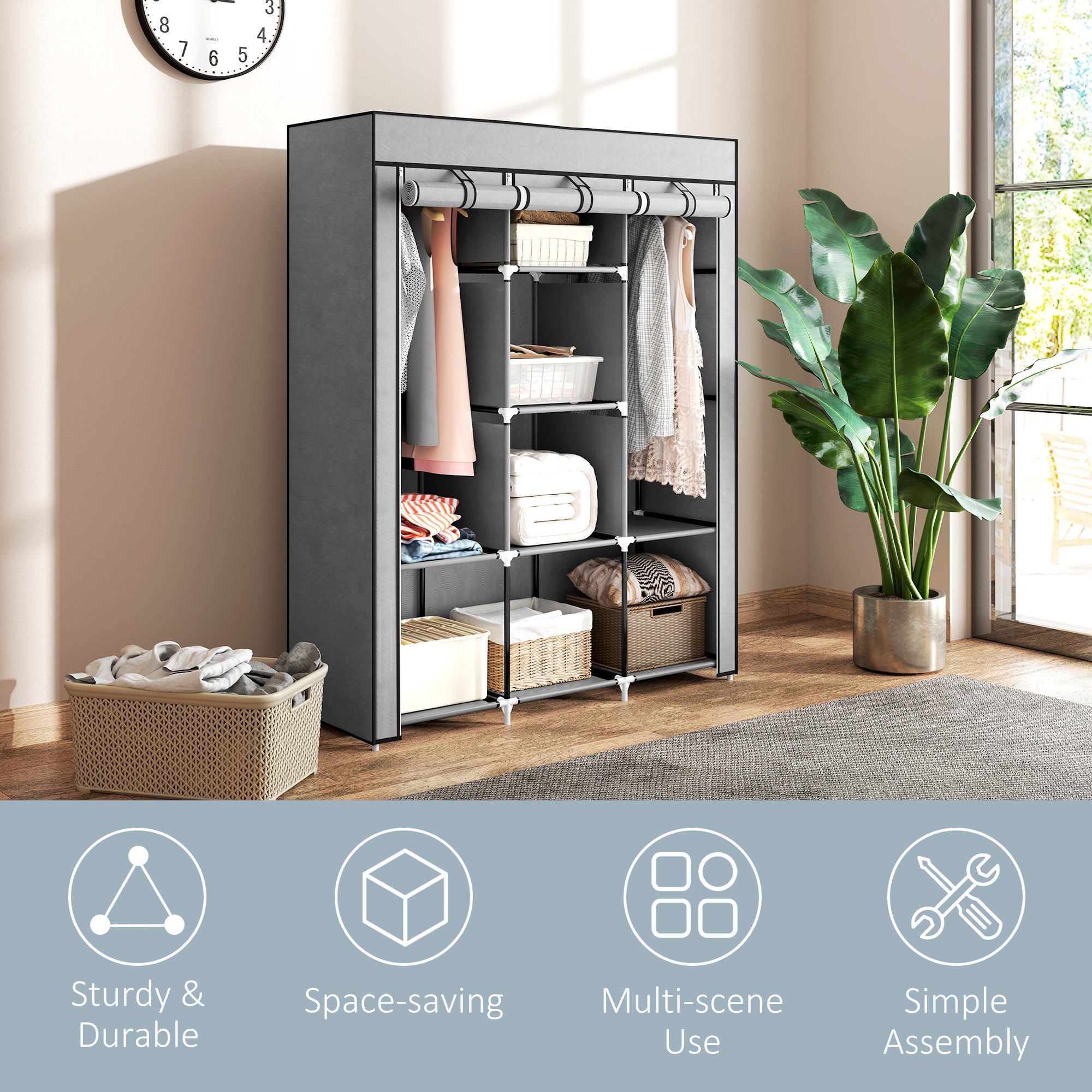 HOMCOM Fabric Wardrobe, Portable Wardrobe, Clothes Storage Unit with 8 Shelves, 2 Hanging Rods, 125 x 43 x 162.5 cm, Light Grey - North Peak Garden Furniture
