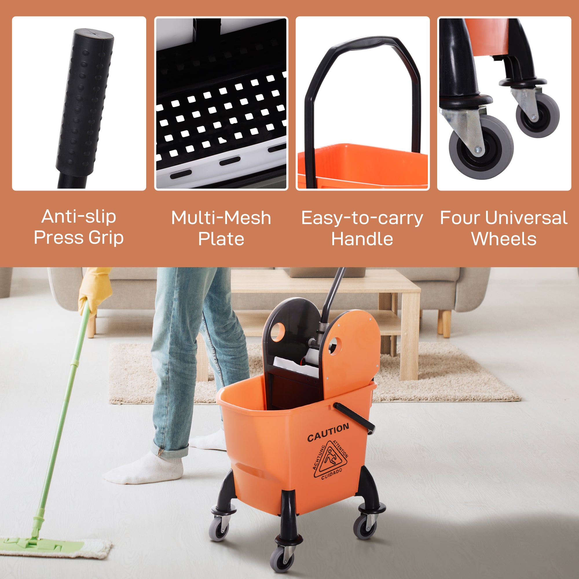 HOMCOM 25L Mop Bucket, with Wringer, Wheels and Handle - Orange - North Peak Garden Furniture