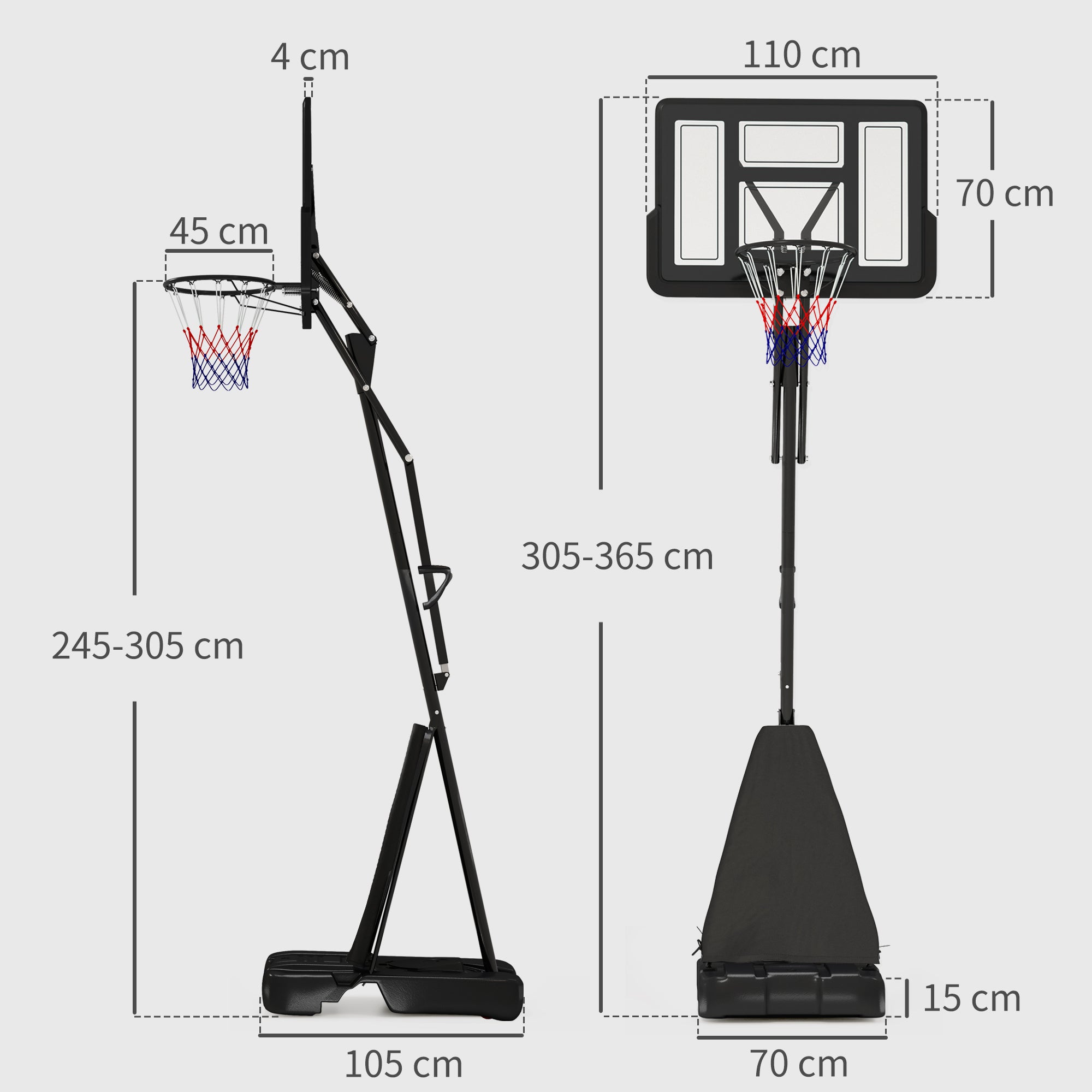 SPORTNOW Basketball Hoop Outdoor, Height Adjustable Basketball Hoop and Stand with Rebound System, Weighted Base, Portable on Wheels, 2.45-3.05m, for Teens, Juniors, Adults, Black - North Peak Garden Furniture