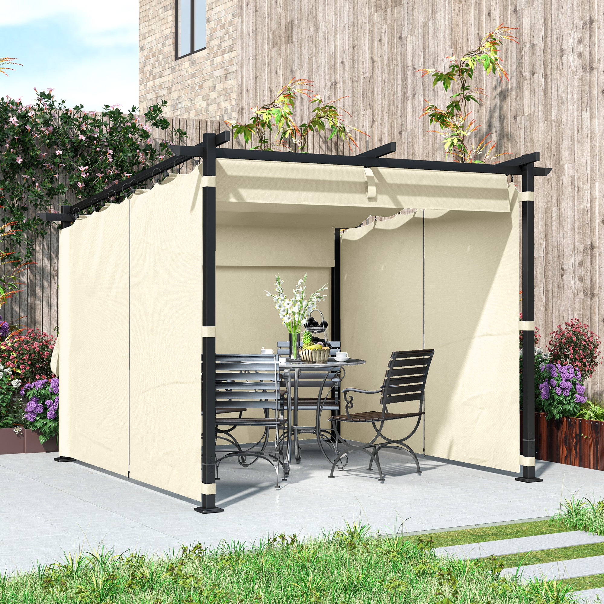 Outsunny 3 x 3 m Retractable Roof Pergola, with Curtains - Beige - North Peak Garden Furniture