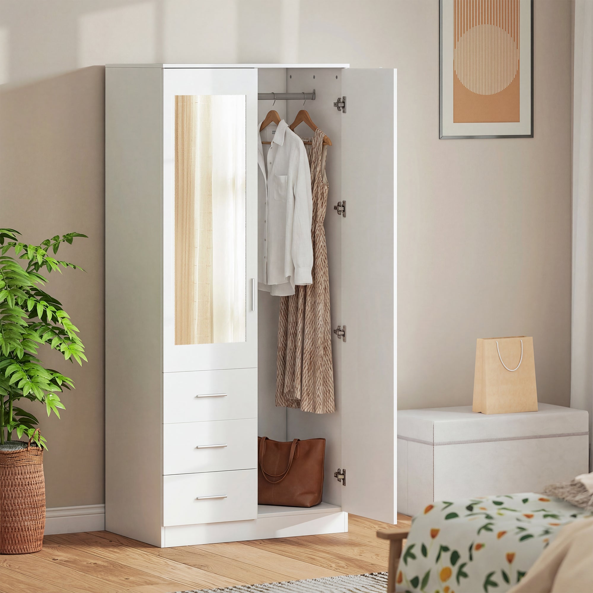 HOMCOM 2 Door 3 Drawer Mirrored Wardrobe with Hanging Rail, Modern Clothes Storage Cupboard with Mirror, Drawers and Adjustable Shelves for Bedroom, 80 x 50 x 180 cm, White