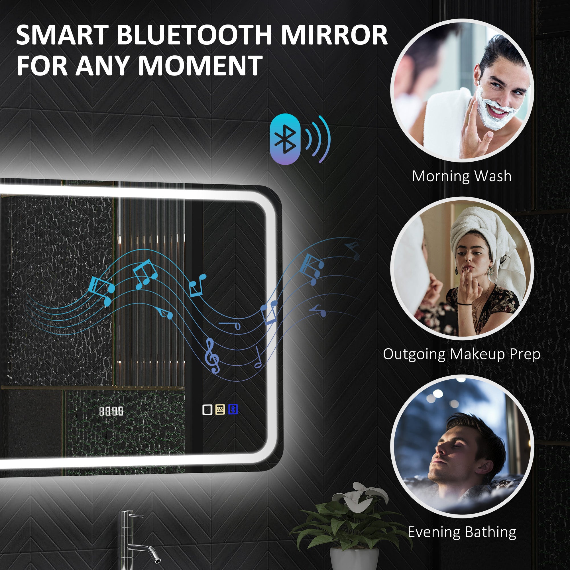 HOMCOM 60 x 80 cm Bluetooth LED Bathroom Mirror with Clock Anti-Fog - Silver Tone - North Peak Garden Furniture
