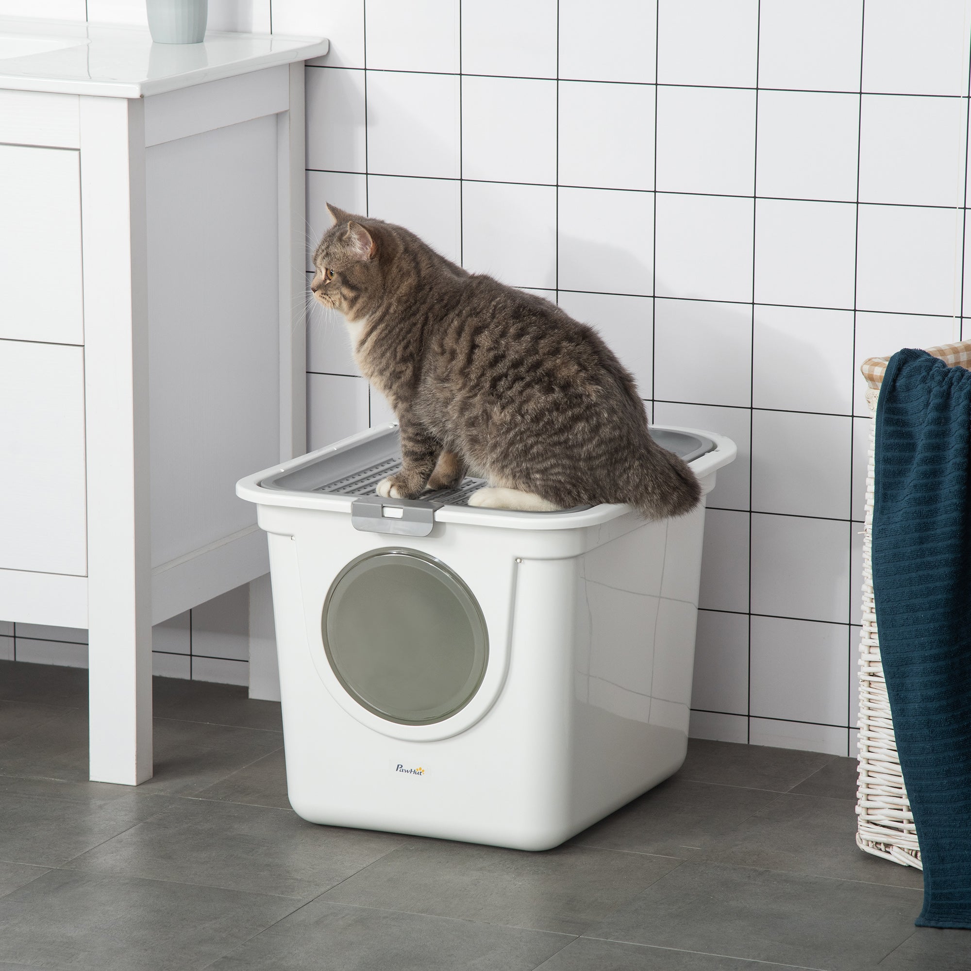 PawHut Enclosed Cat Litter Box, Easy Clean Pet Toilet, Front Entry & Top Exit, Includes Scoop, Sleek White | Aosom UK