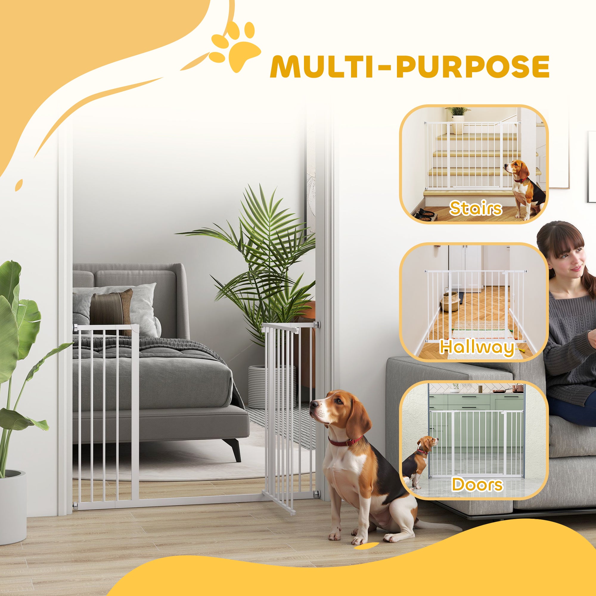 PawHut Dog Gate Pet Safety Gate Stair Barrier Pressure Fit Adjustable 76-82/86-97/101-107 cm, White - North Peak Garden Furniture