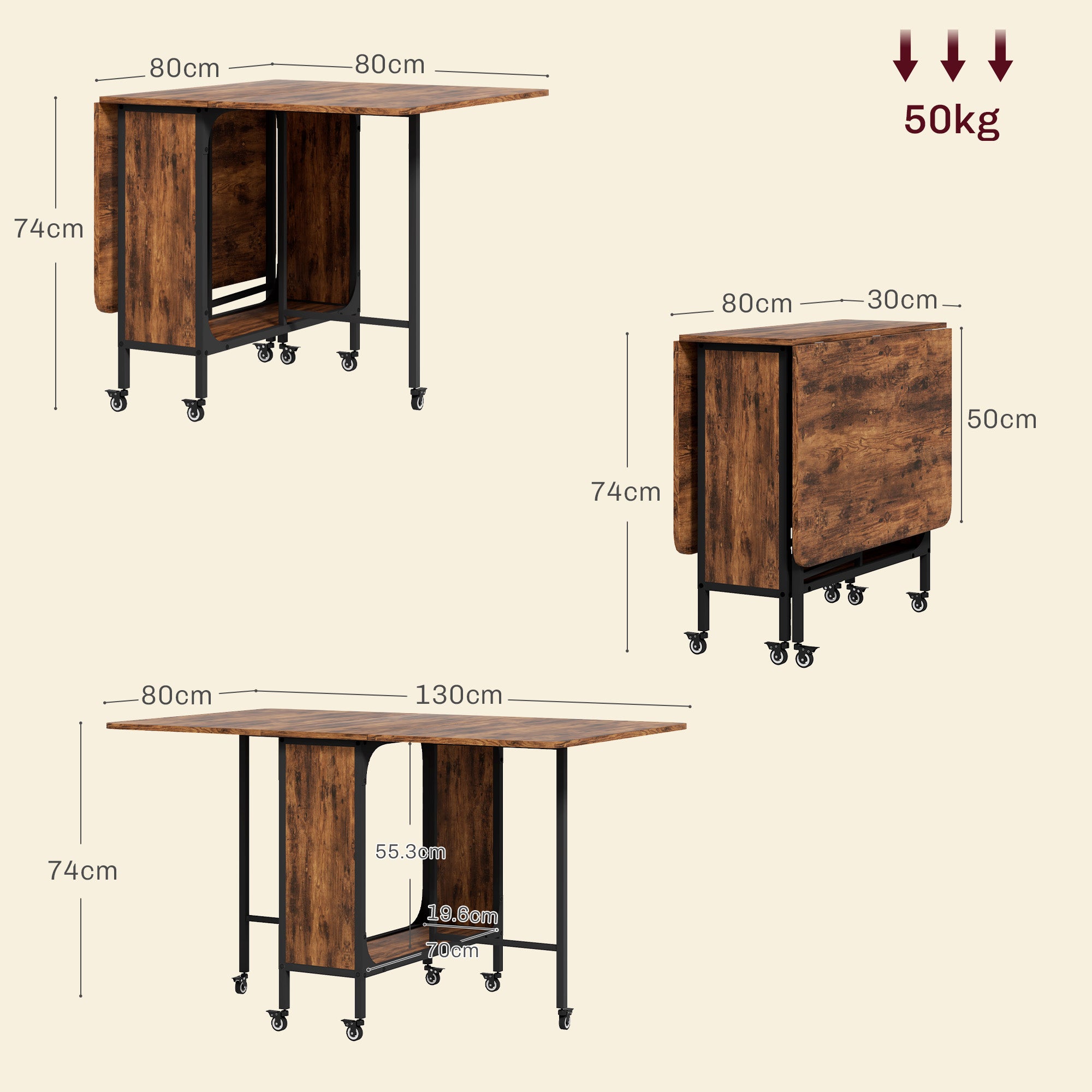 HOMCOM Six-Person Drop Leaf Dining Table - Rustic Brown/Black - North Peak Garden Furniture