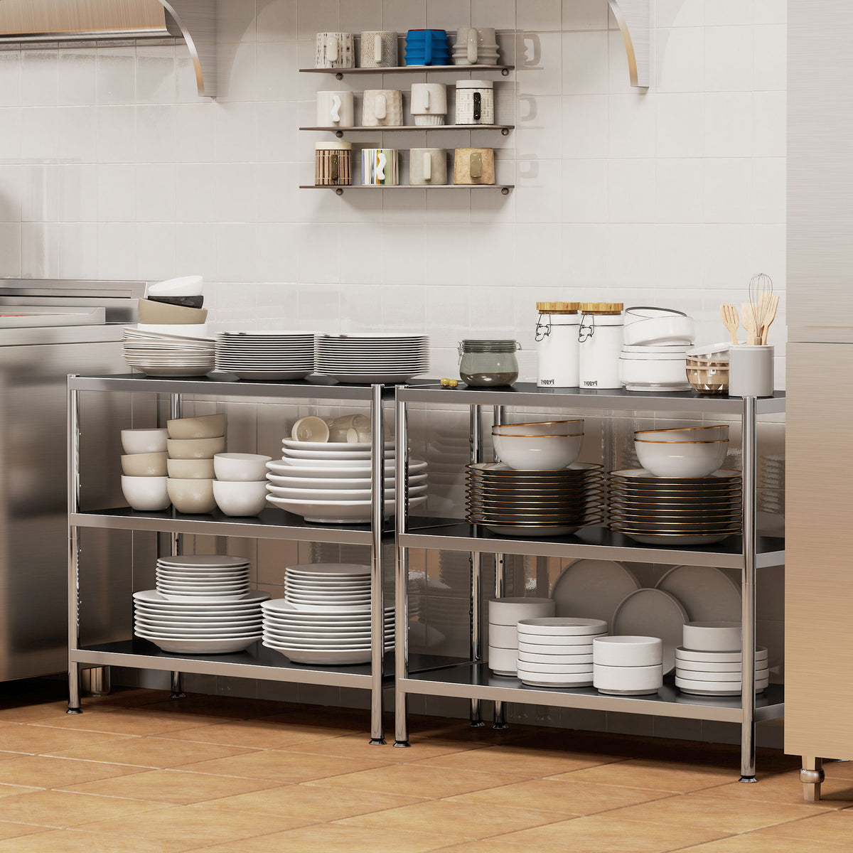 HOMCOM 3-Tier Bakers Rack with Storage, Stainless Steel Microwave Stand with Adjustable Shelves for Small Spaces, Kitchen Storage Unit for Spices, Pots and Pans, Silver Tone