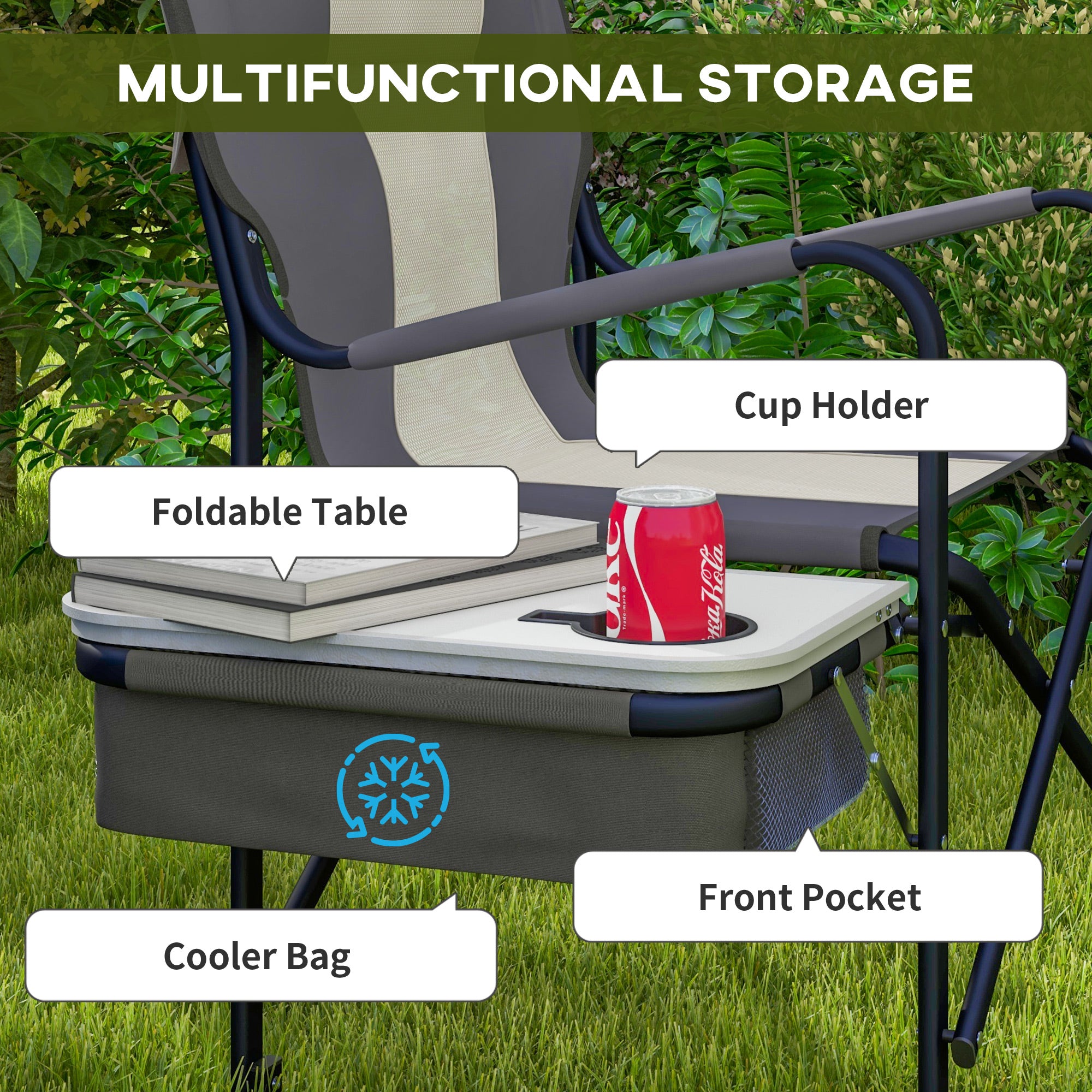 Outsunny Folding Aluminium Camping Chair, with Cooler Bag Table - Grey - North Peak Garden Furniture