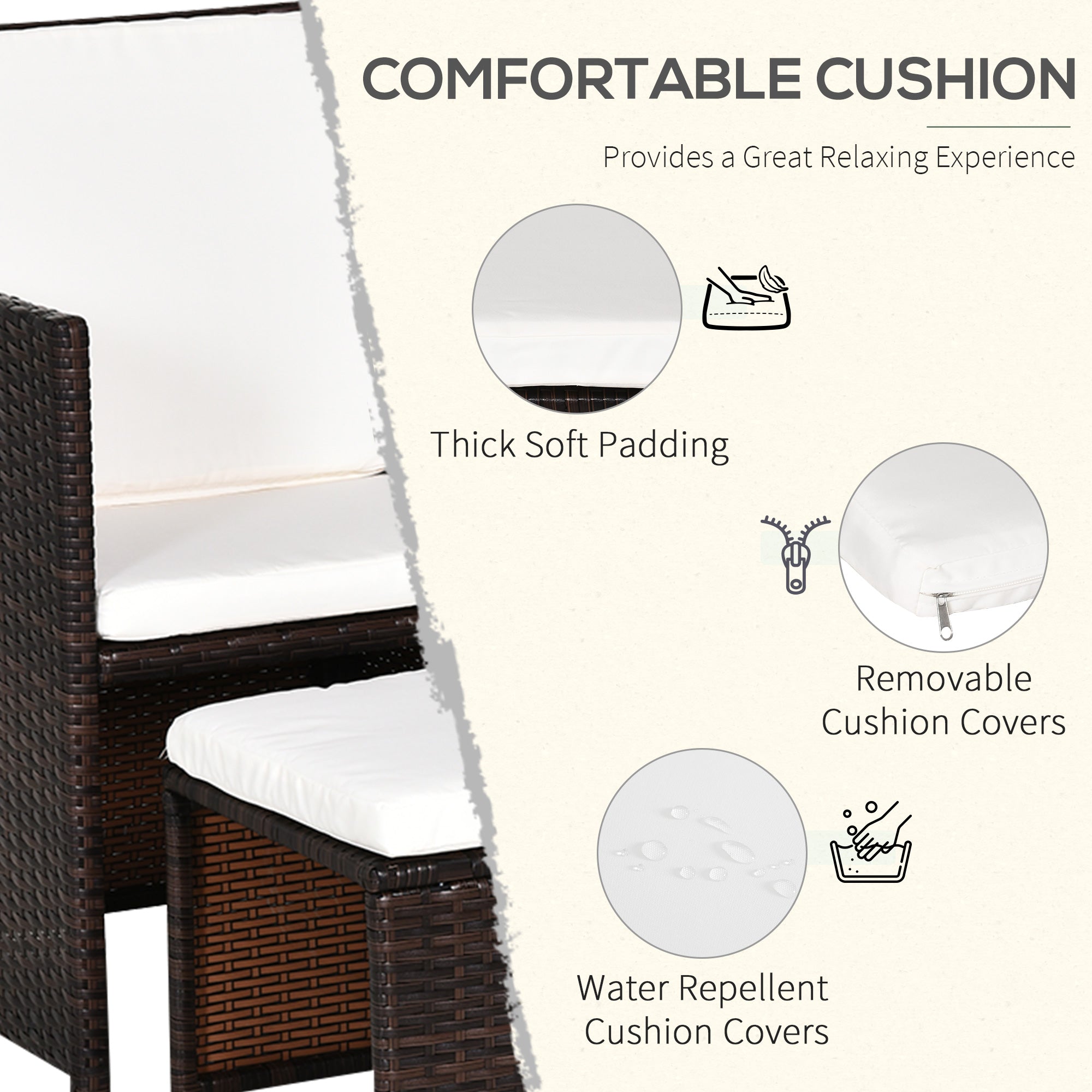 Outsunny 2 Seater Rattan Cube Garden Furniture Set, Rattan Dining Set with Cushions, Outdoor Dining Table and Chairs with 2 Armchairs, 2 Stools, Rectangular Glass Top Table for Patio, Balcony, Brown - North Peak Garden Furniture