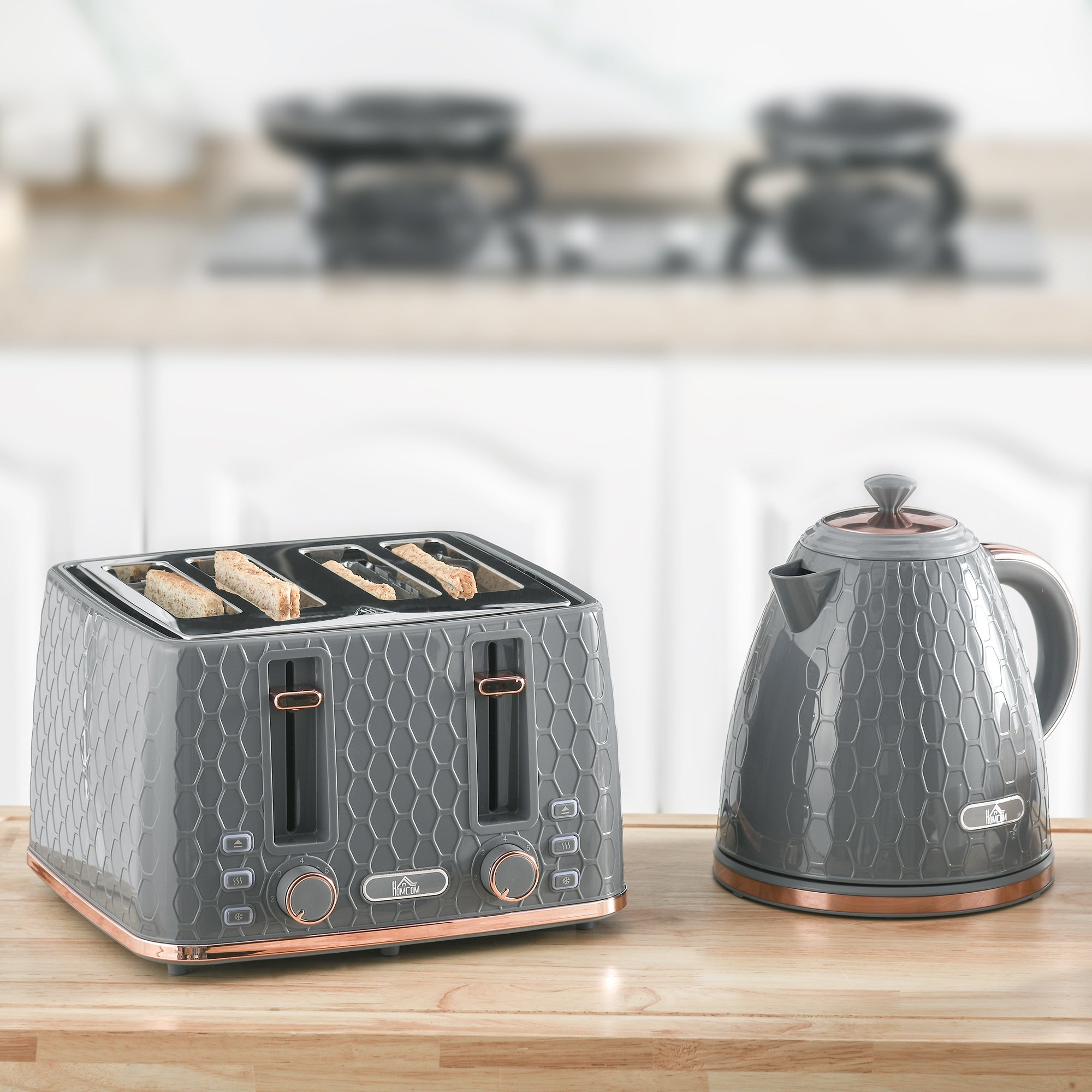 HOMCOM 1.7L 3000W Fast Boil Kettle & 4 Slice Toaster Set, Kettle and Toaster Set with 7 Browning Controls, Crumb Tray, Grey - North Peak Garden Furniture