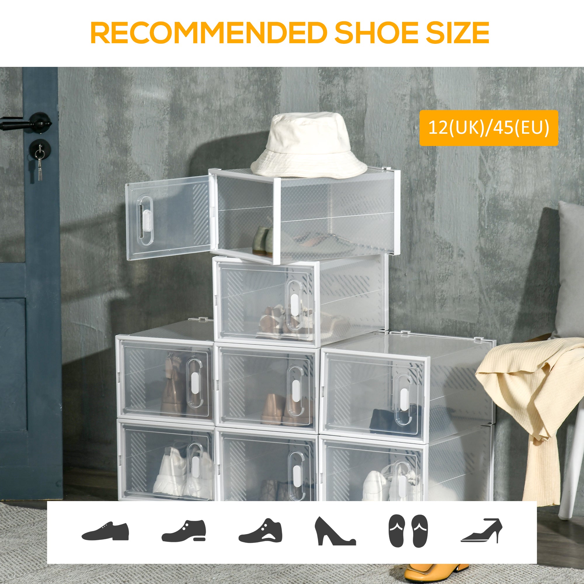HOMCOM 8PCS Clear Shoe Box, Plastic Stackable Shoe Storage Box for UK/EU Size up to 12/46 with Magnetic Door for Women/Men, 28 x 36 x 21 cm - North Peak Garden Furniture