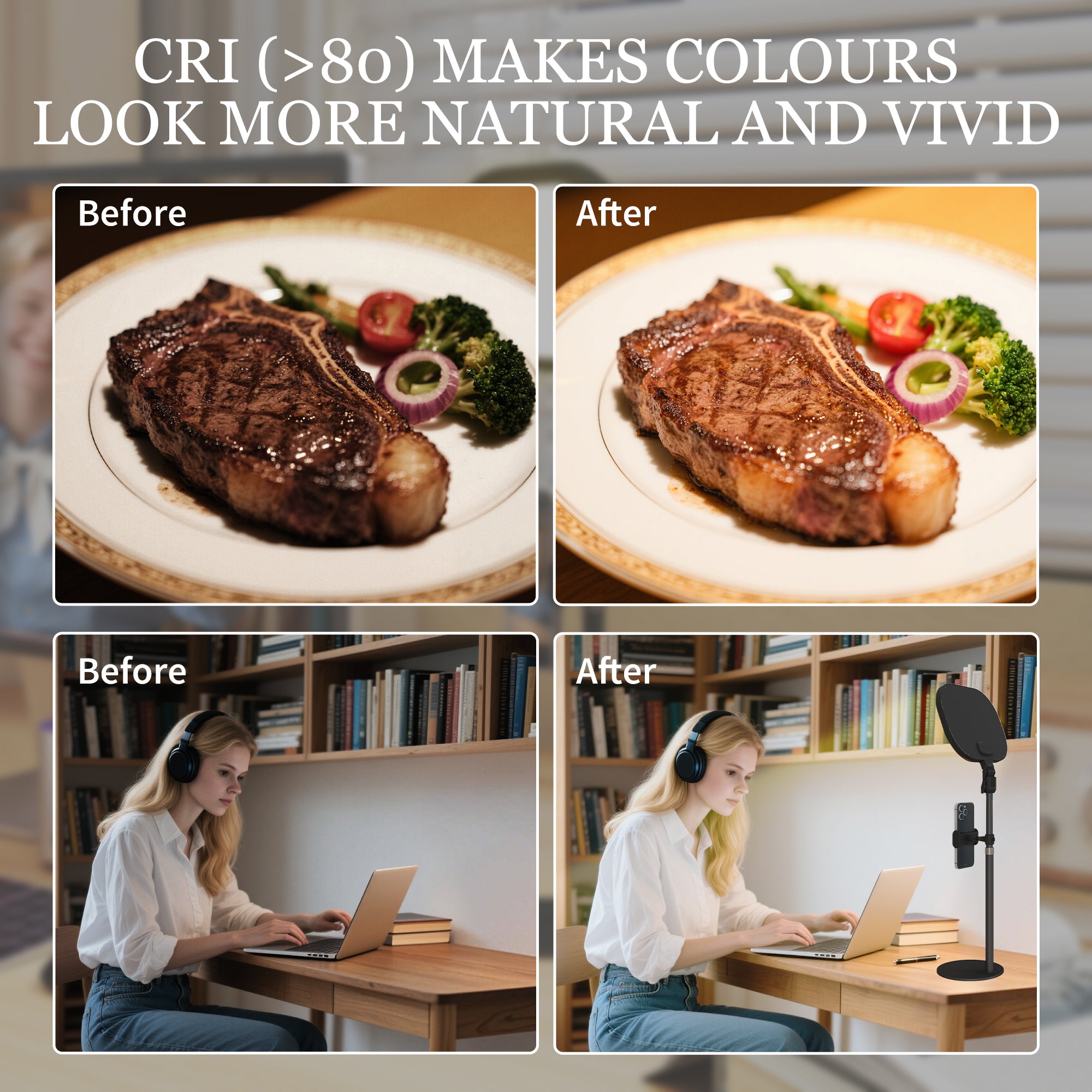 HOMCOM Selfie Light for Video Conference Lighting, Dimmable Desk Lamp with Stand Phone Holder, 5 Colour Modes & 10 Brightness Levels, Memory Function for Home Office, Recording, Video Calls, Black - North Peak Garden Furniture