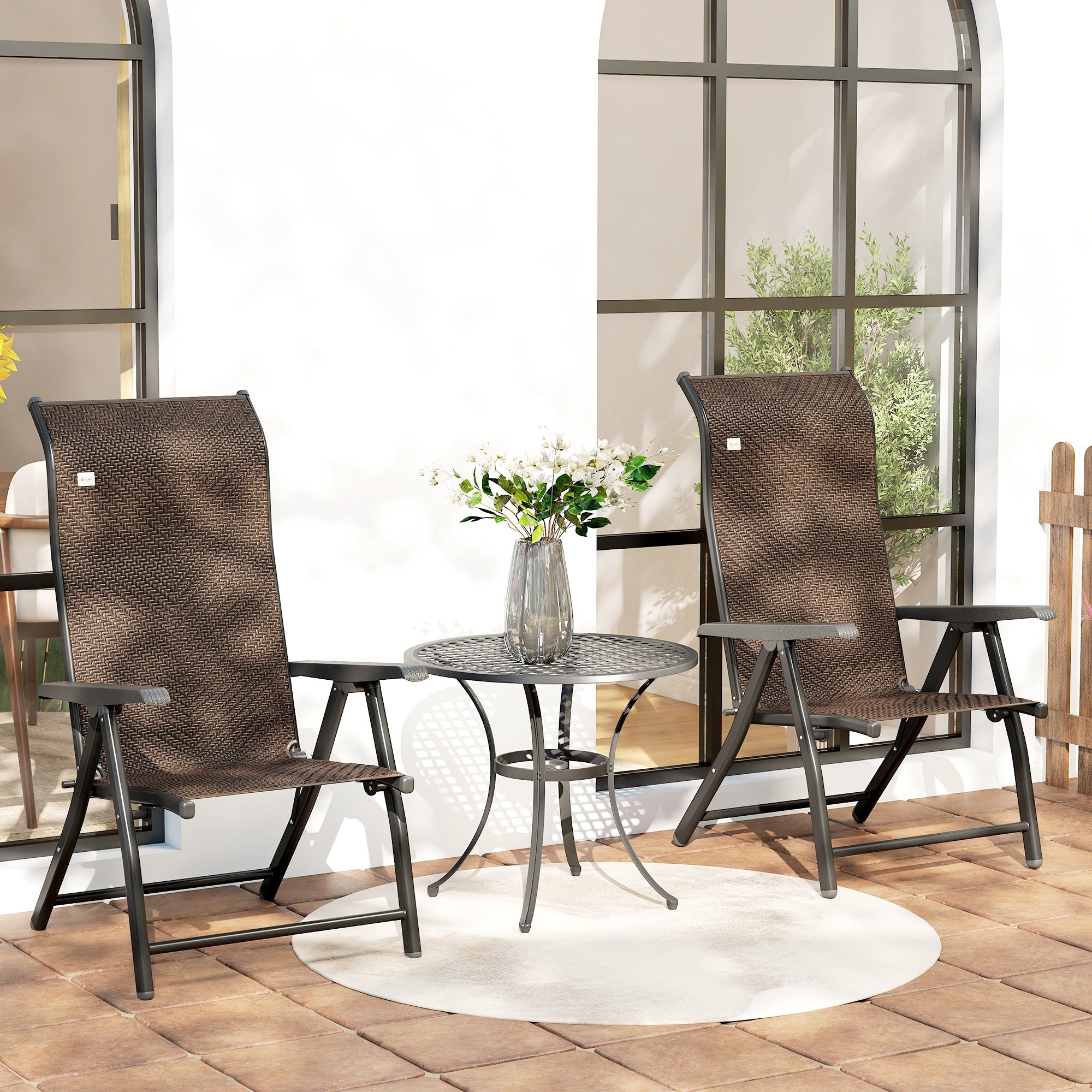 Outsunny Set of Two Folding Garden Chairs, with Seven-Position Adjustable Backs - Brown - North Peak Garden Furniture