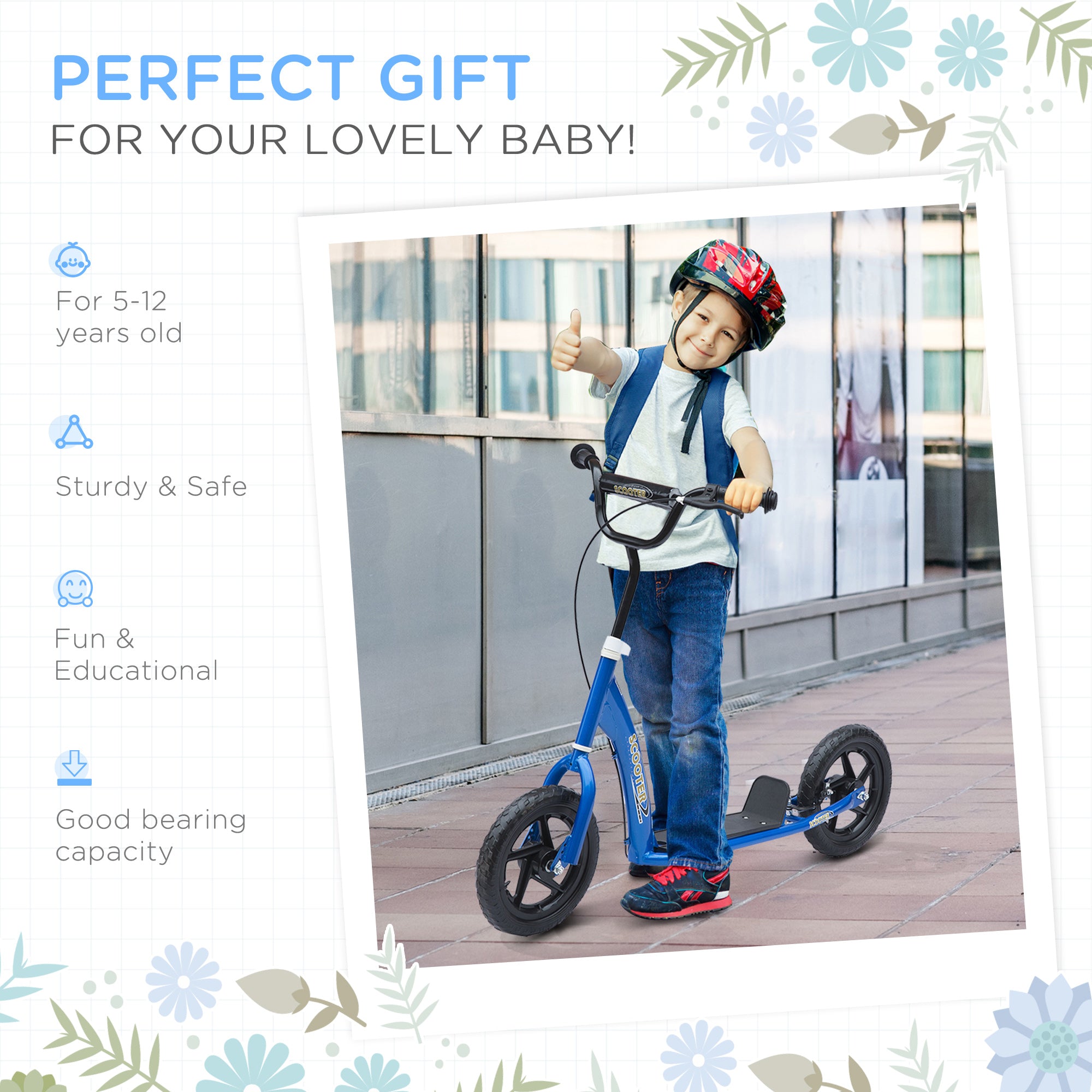 HOMCOM Teen Push Scooter, Kids Scooter w/ 12" EVA Tyres, Rear Brake, Foot Brace, Children Stunt Scooter Big Wheels Scooter for 5-12 Years Old, Blue