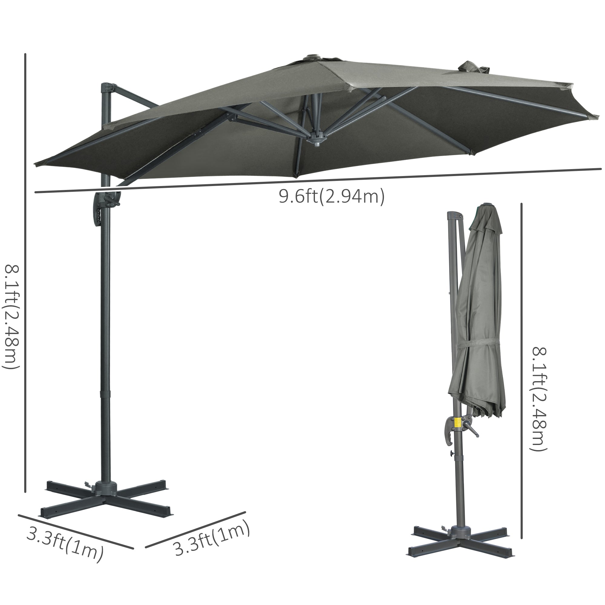 Outsunny 3 x 3(m) Cantilever Parasol with Cross Base, Garden Umbrella with 360° Rotation, Crank Handle and Tilt for Outdoor, Patio, Grey - North Peak Garden Furniture