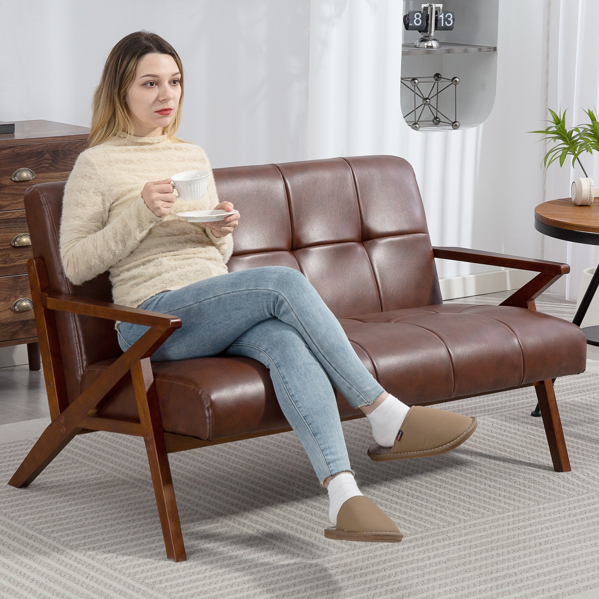 HOMCOM Compact 2 Seater Sofa, Vintage Tufted Loveseat Sofa with Solid Wood Legs, PU Leather Small Couch Settee for Living Room, Bedroom, Home Office, 133 x 81 x 785 cm, Brown