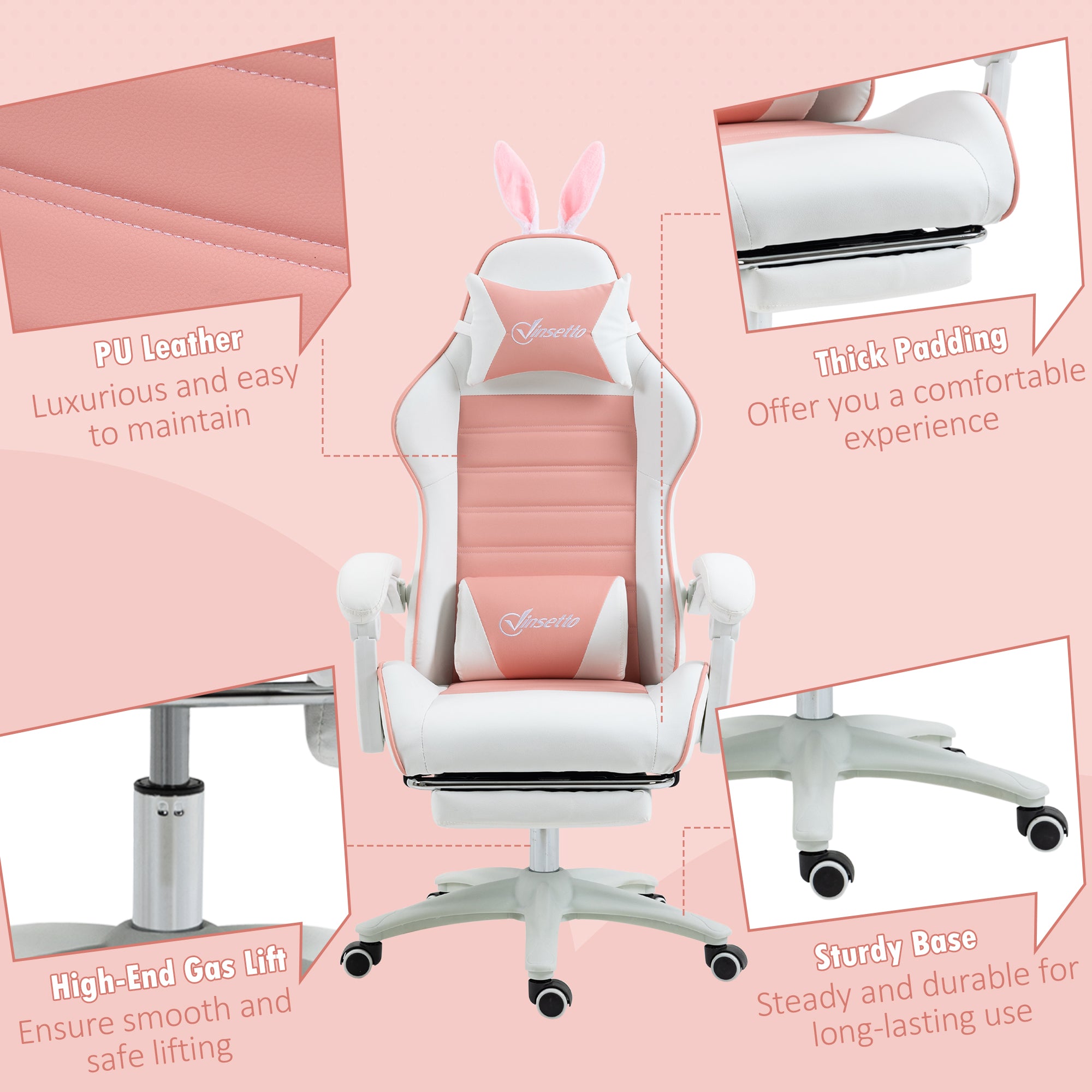 Vinsetto Racing Gaming Chair, Reclining PU Leather Computer Chair with Removable Rabbit Ears, Footrest, Headrest and Lumber Support, Pink - North Peak Garden Furniture