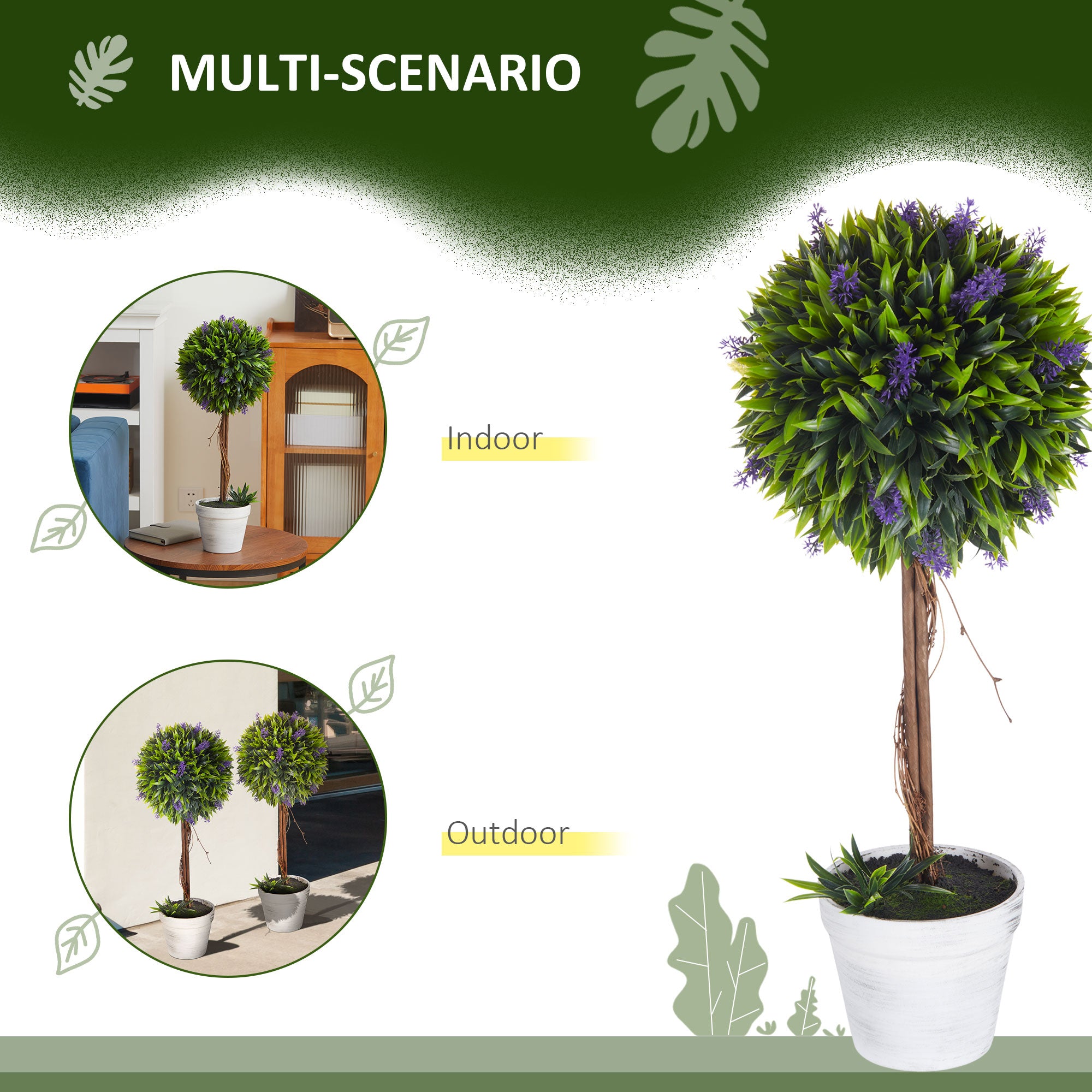 HOMCOM Set of 2 Decorative Artificial Plants Ball Trees with Lavender Flowers in Pot Fake Plants for Home Indoor Outdoor Decor, 60cm, Green - North Peak Garden Furniture