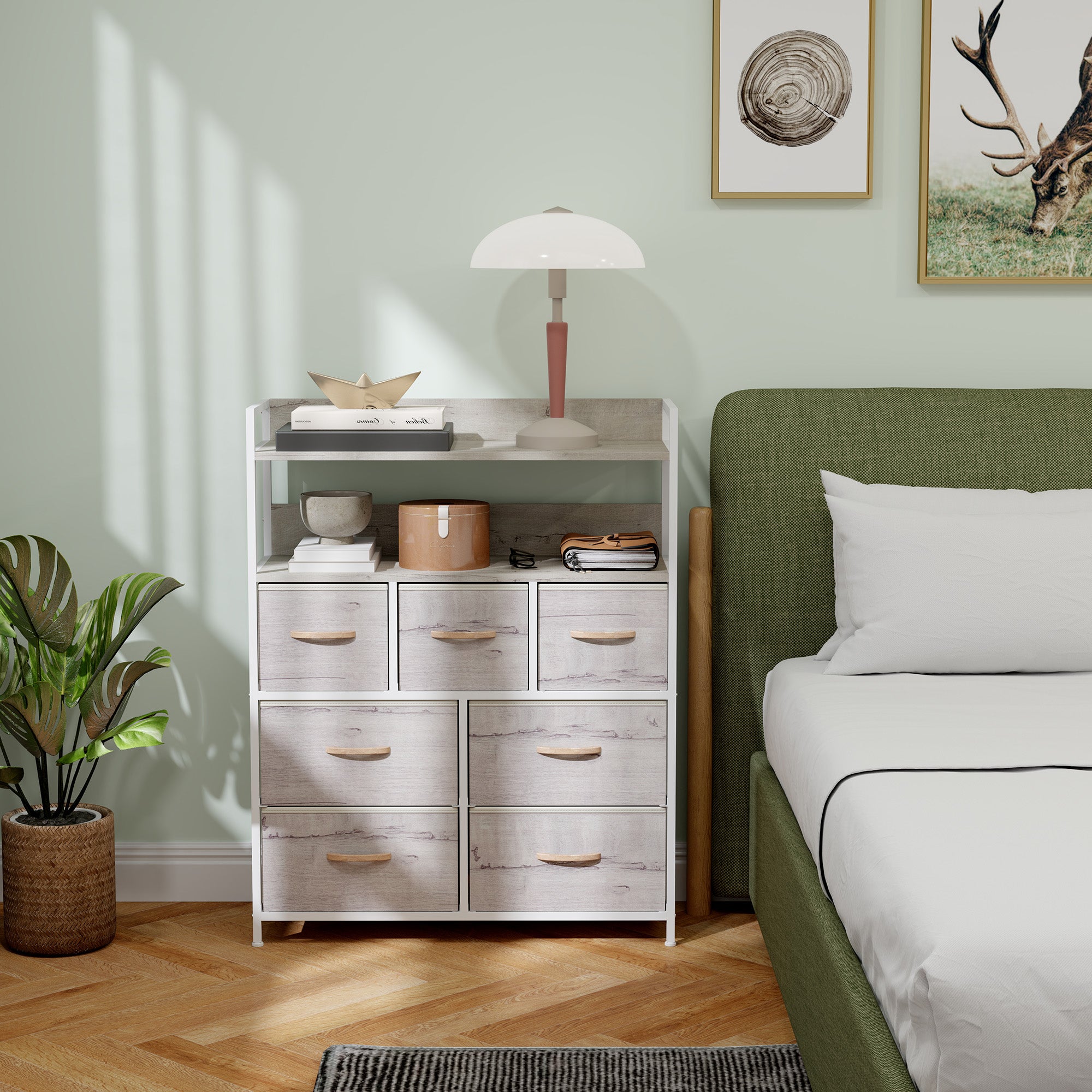 HOMCOM Rustic Chest of Seven Fabric Drawers - Natural Wood Finish - North Peak Garden Furniture