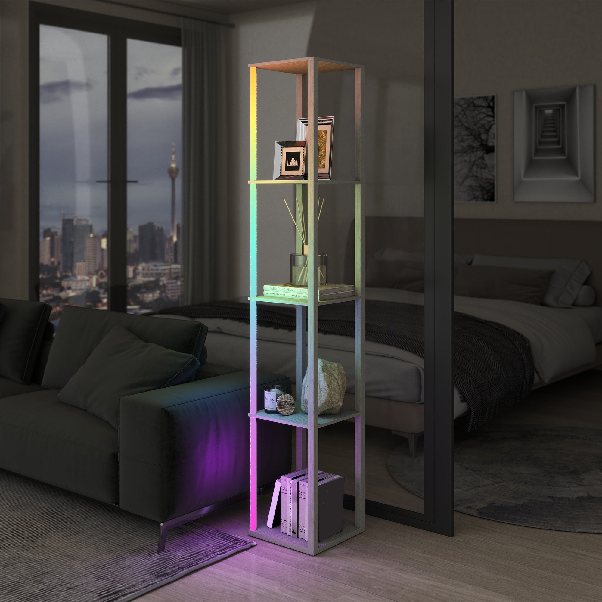 HOMCOM RGB LED Floor Lamp with Shelves, Modern Dimmable Standing Lamp with Remote Control, Adjustable Brightness & Speed for Living Room, Bedroom, Office, Oak