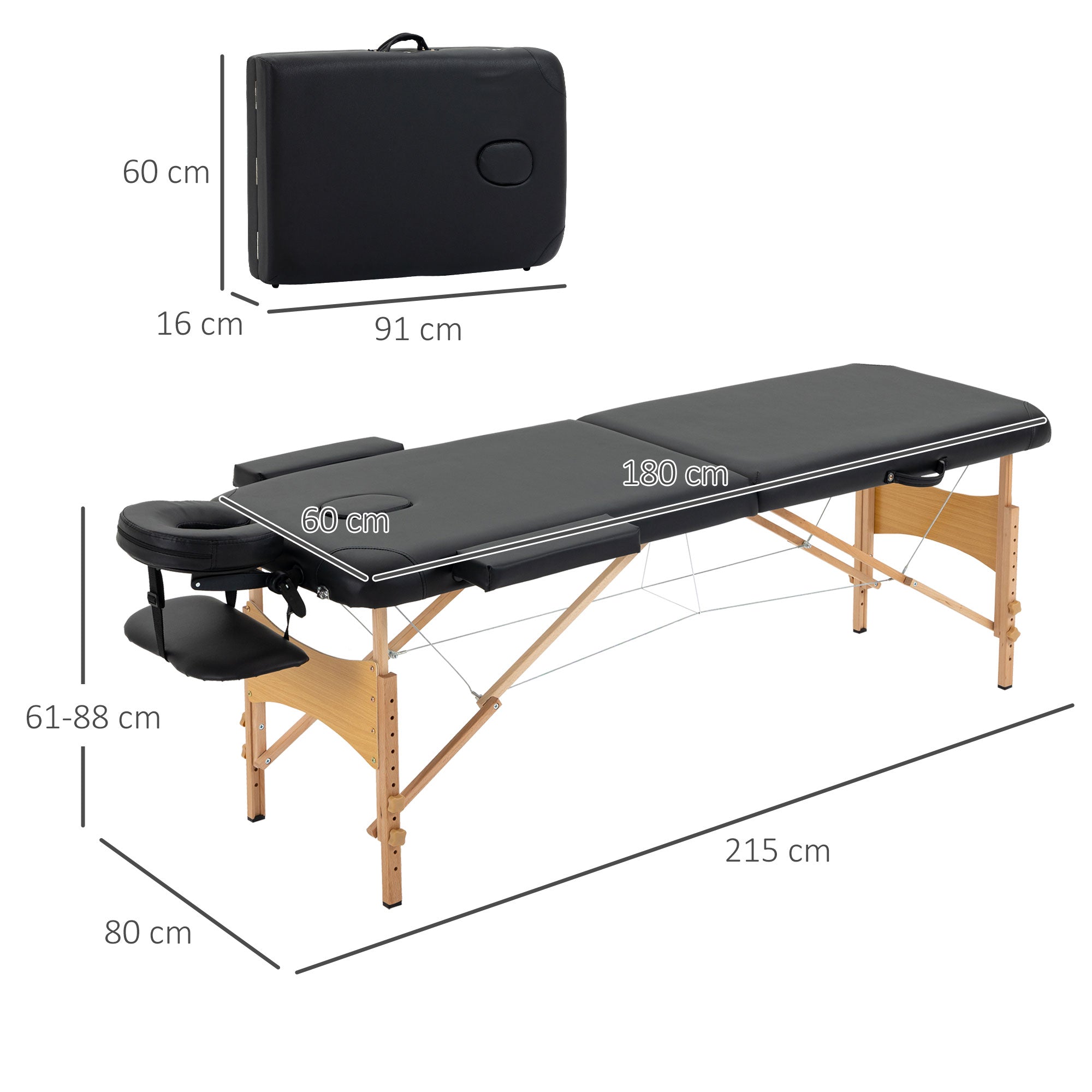 HOMCOM Portable Massage Bed, Folding Spa Beauty Massage Table with 2 Sections, Carry Bag and Wooden Frame, Black - North Peak Garden Furniture