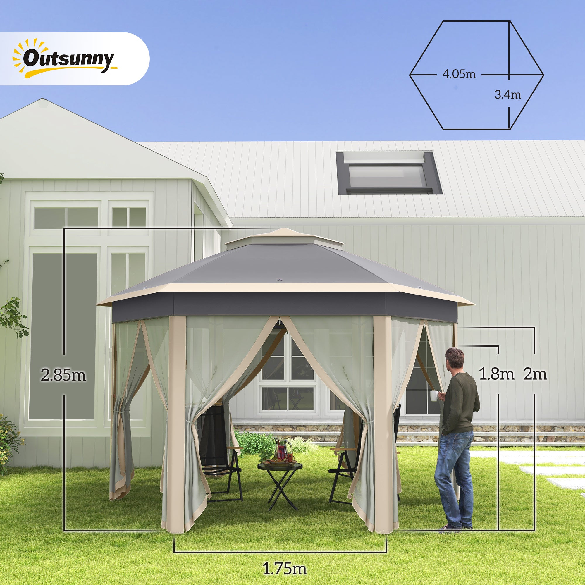 Outsunny Hexagon Pop Up Gazebo Outdoor Patio Gazebo Double Roof Instant Shelter with Netting, 3 x 4m, Khaki - North Peak Garden Furniture