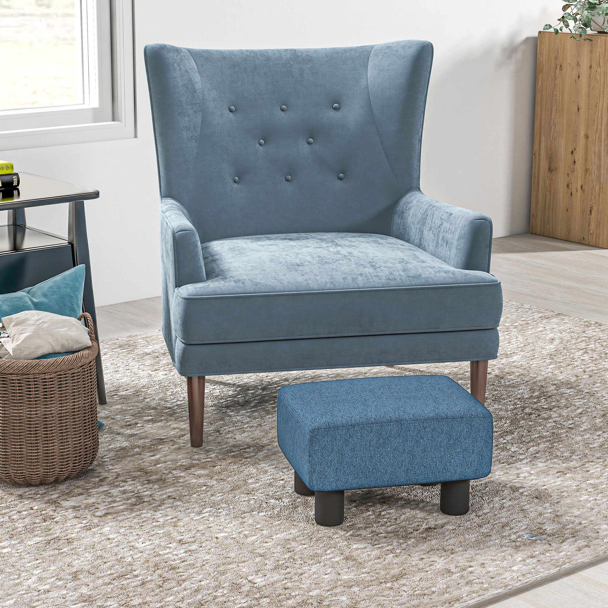 HOMCOM Linen Fabric Footstool Ottoman Cube with 4 Plastic Legs - North Peak Garden Furniture