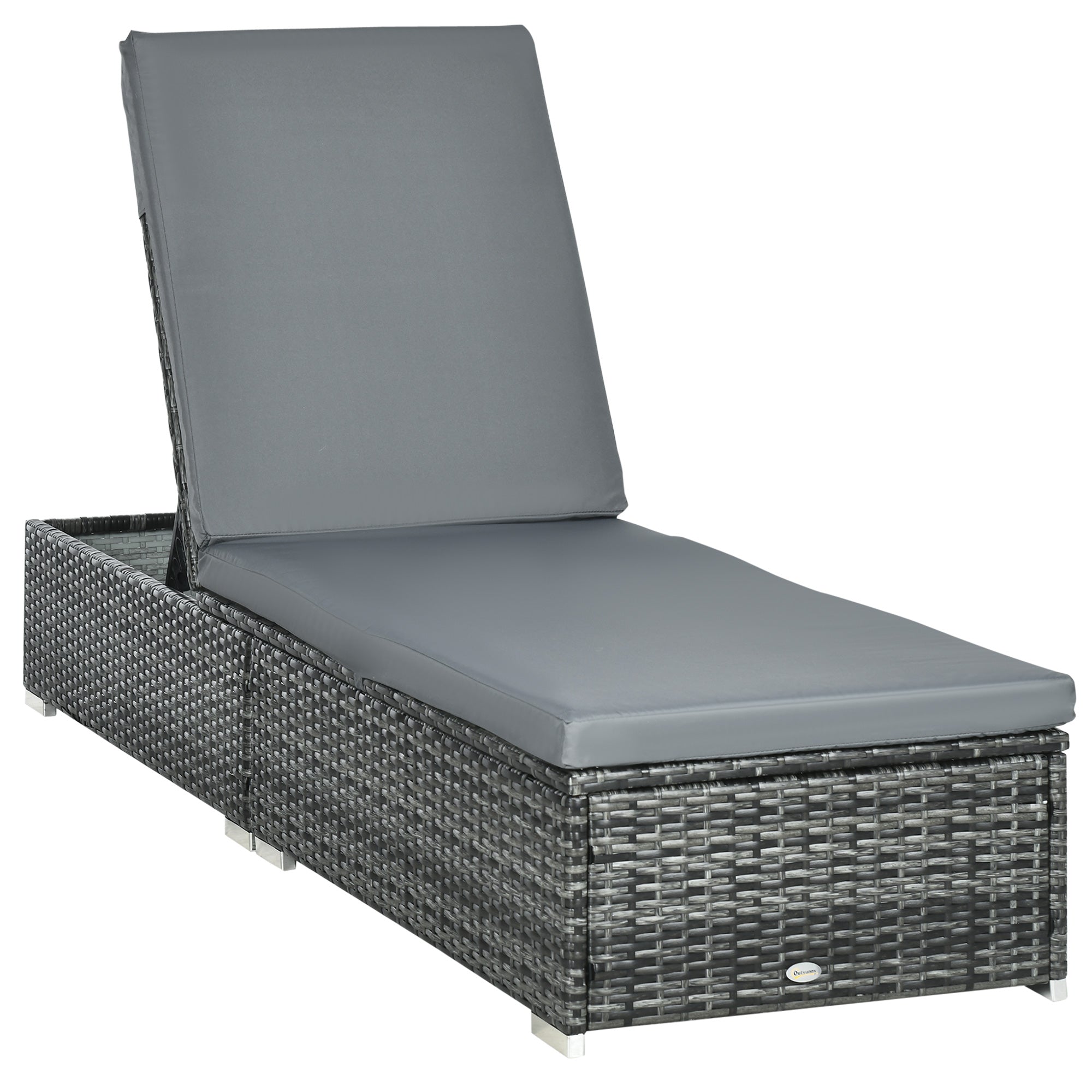 Outsunny PE Rattan Sun Lounger, Five-level Adjustable Recliner Bed Chair with Soft Padded Cushion for Patio, Garden, Mixed Grey - North Peak Garden Furniture