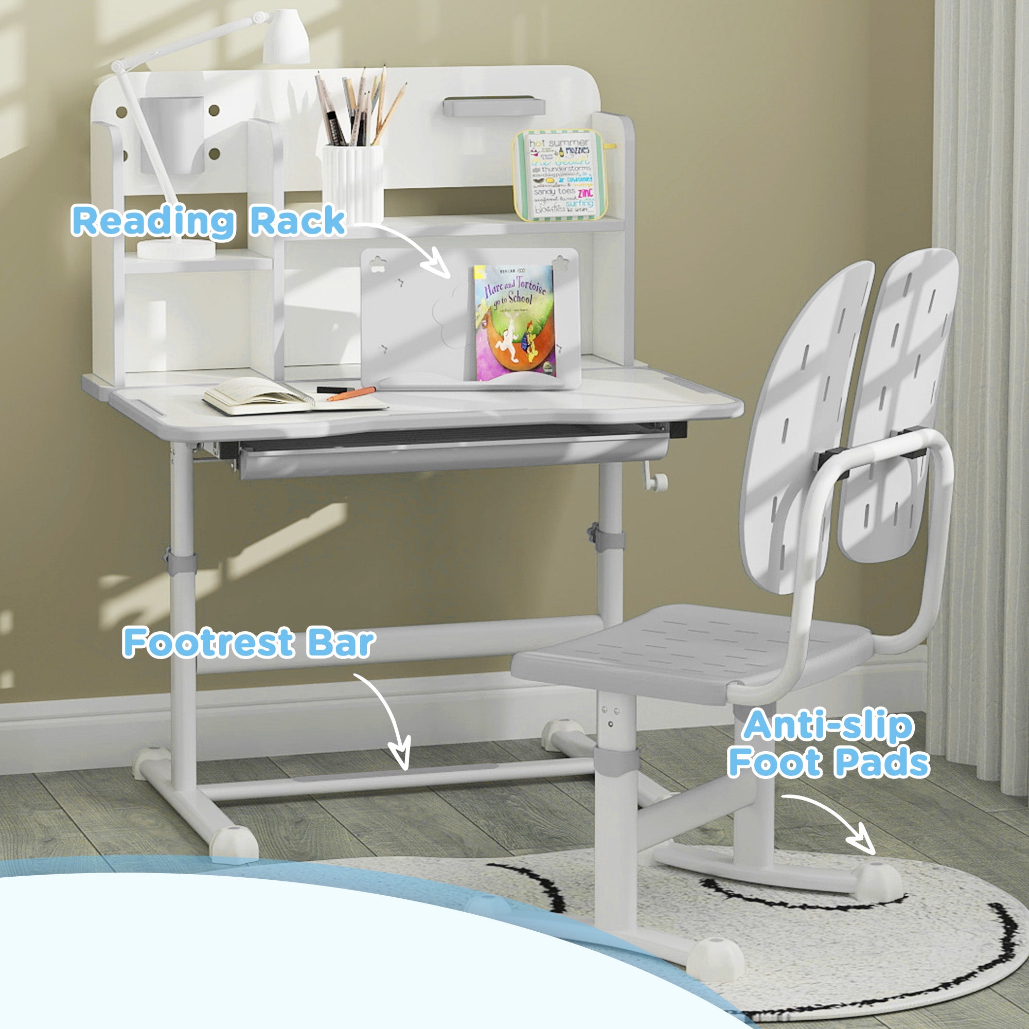 AIYAPLAY Height Adjustable Kids Desk and Chair Set, Children School Study Desk with Tiltable Desktop, Reading Rack, Grey - North Peak Garden Furniture