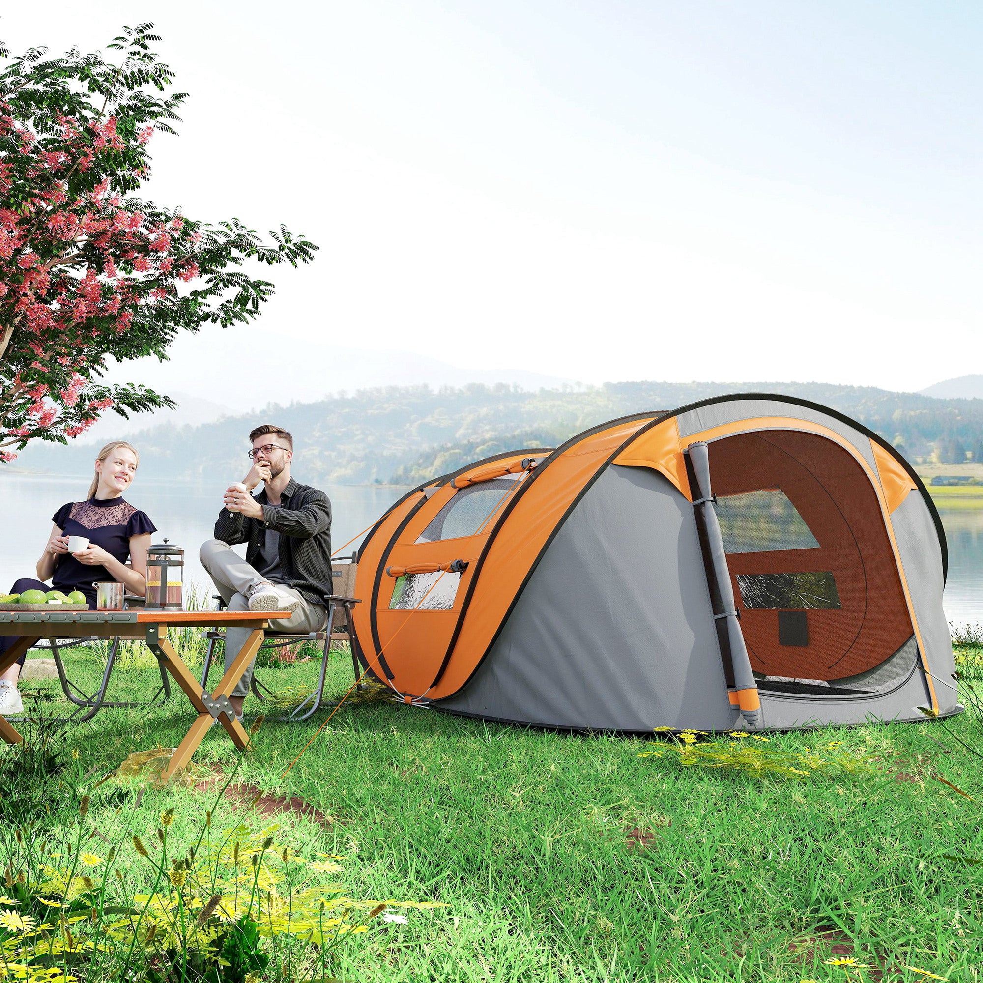Outsunny 4-5 Person Pop-up Camping Tent Waterproof Family Tent w/ 2 Mesh Windows & PVC Windows Portable Carry Bag for Outdoor Trip, Orange